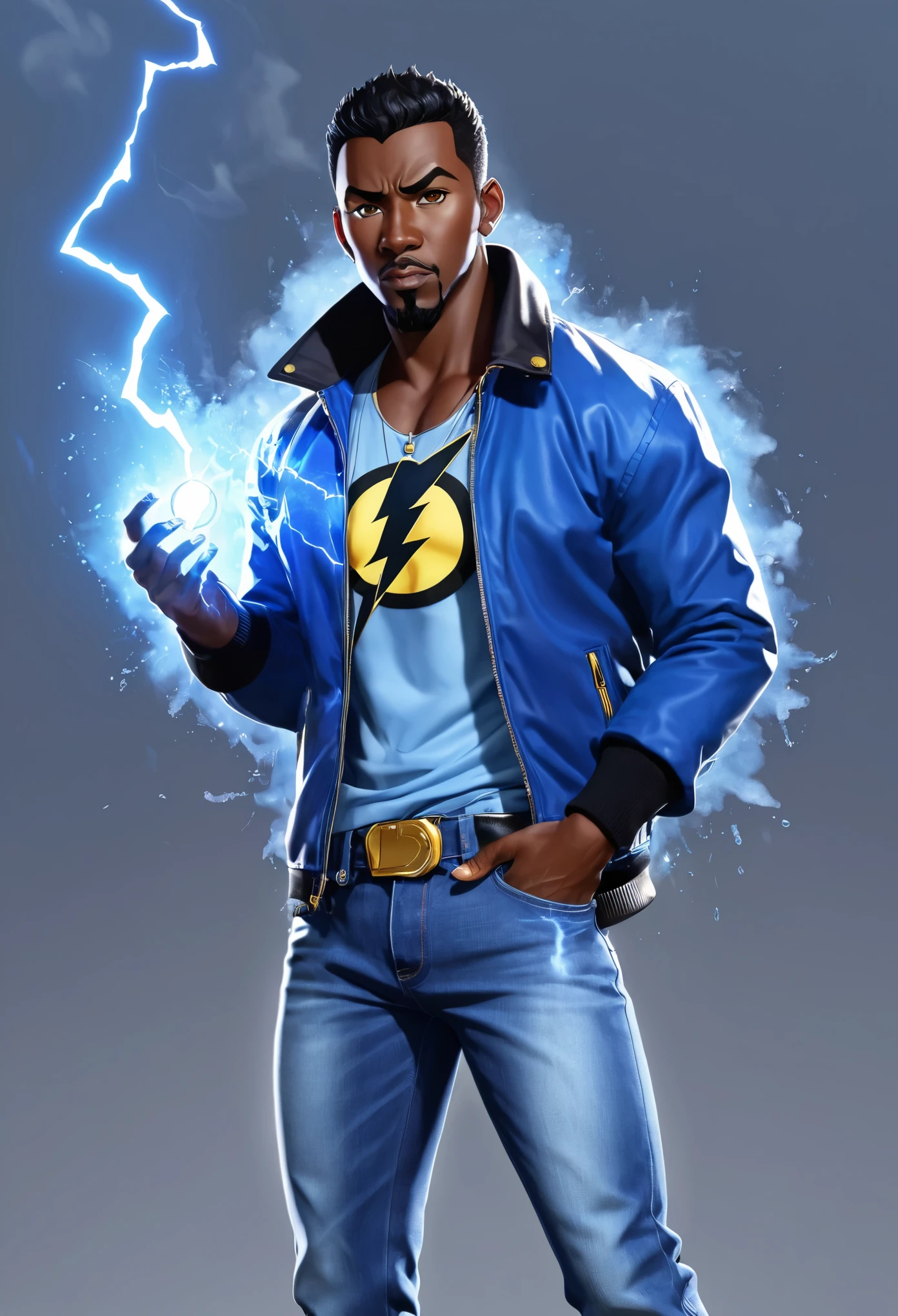 , score_9,score_8_up,score_7_up, mature men, African skin, Bright eyes, short black hair, bulk body shape,  wearing a blue jacket and  jeans pants, holding a black lightning in right hand, and a blue iced mist in the left hand, character design , illustration 