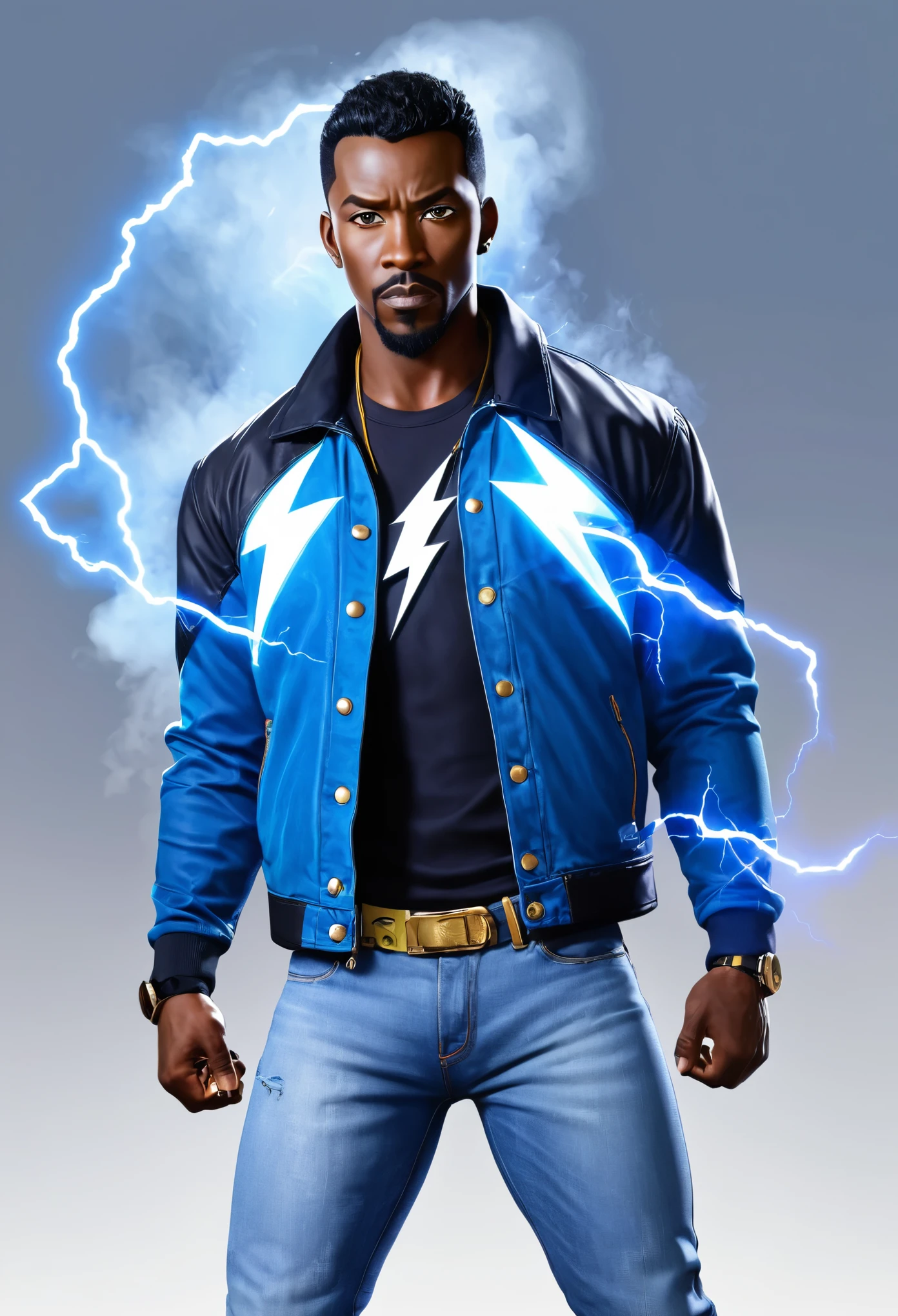 , score_9,score_8_up,score_7_up, mature men, African skin, Bright eyes, short black hair, bulk body shape,  wearing a blue jacket and  jeans pants, holding a black lightning in right hand, and a blue iced mist in the left hand, character design , illustration 