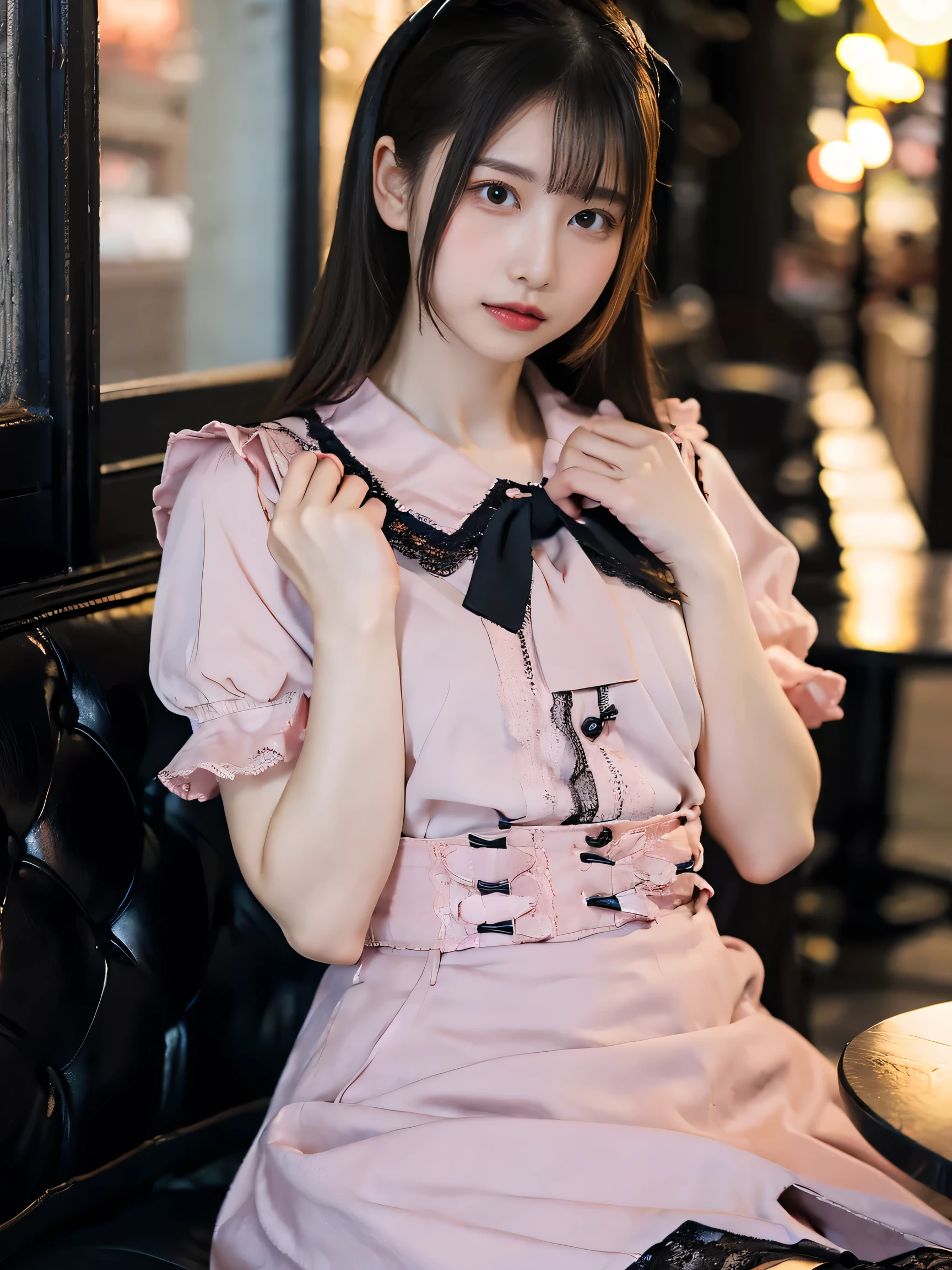 RAW Photos, 8k, (top-quality), Realistic, (live-action, Intricate details), (Natural skin texture, Detailed skin, Hyperrealism, Sharpness), (A 10th generation girl is sitting in a cafe，Hands on the table in the cafe), ((Pink lace short sleeve shirt，Sailor collar，black ruffle skirt，Black cute skirt)), (Flat Chest, Pale skin:1.2, Slender body), ((Long, straight hair, Short bangs)), (Fascinating face, Open lips:1.3, Sagging under the eyes:1.2, Red thick lips),  graffiti:1.5, at night, Spot Lighting:1.3, Upper Body