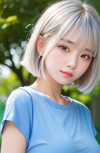 ((Realistic lighting, best qualtiy, 8K, tmasterpiece:1.3)), sharp fokus:1.2, 1girll, Beautiful Women with Perfect Figure:1.4, Slim abs:1.1, ((White color hair, Brustwarzen:1.3)),Royal sister pose,(exteriors,In the daytime:1.1),the city street,Ultra-fine face,Fine eyes,二重まぶた,curlies,with fair skin,JK school uniform,huge tit(Micro leakage,realisticlying:1:1)