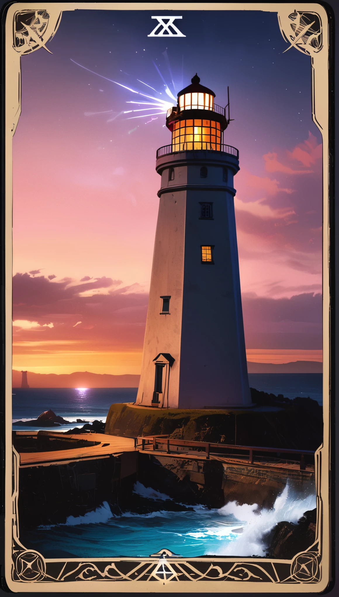 a tarot card design, a tarot card design with a lighthouse, highly detailed tarot card illustration, intricate occult and esoteric tarot card design, mystical and magical tarot card design, ornate tarot card with a lighthouse, intricate occult tarot card with a lighthouse, mystical tarot card design with a lighthouse, breathtaking tarot card illustration with a lighthouse, stunning tarot card design featuring a lighthouse, (best quality,4k,8k,highres,masterpiece:1.2),ultra-detailed,(realistic,photorealistic,photo-realistic:1.37),cinematic lighting,dramatic lighting,vibrant colors,glowing lights,ethereal atmosphere,dark moody tones,rich textures,digital art,concept art,fantasy art