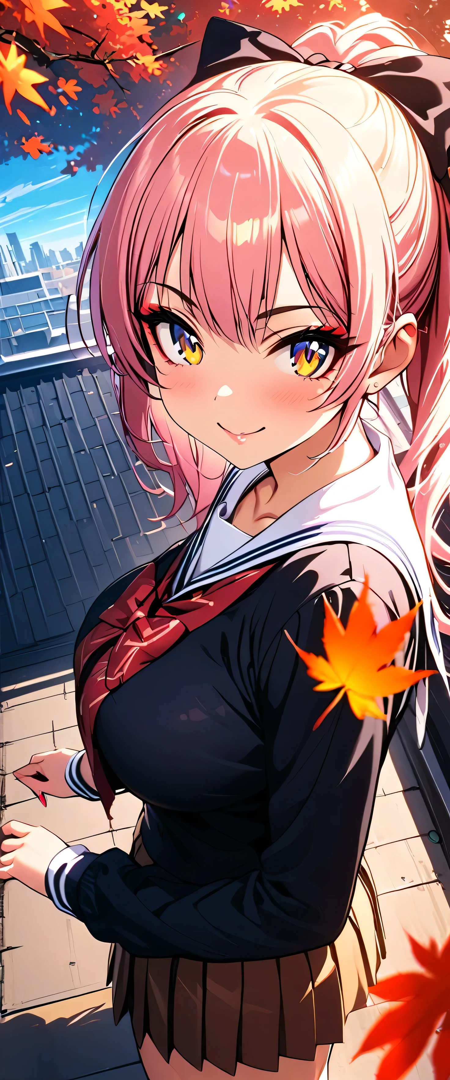 (beautiful girl: 1.3),One girl,masterpiece, Please redeem, Ultra-high resolution,Rich contrast,Very high quality,8k,Highly detailed CG unit wallpaper,Texture,So ridiculous,Ultra-high resolution,RAW Photos,Please redeem anime,Depth of written boundary 1.2,(pink hair, yellow eyes,),ultra-detailed eyes,Glowing Skin,Glitter Effect,Beautiful glossy lips,(autumn leaves),makeup,Long sleeve,(School uniform&Pleated skirt),School rooftop,mika jougasaki,(Large Breasts),hair bow,blue sky,(Rear View:1.5),smile, closed mouth,