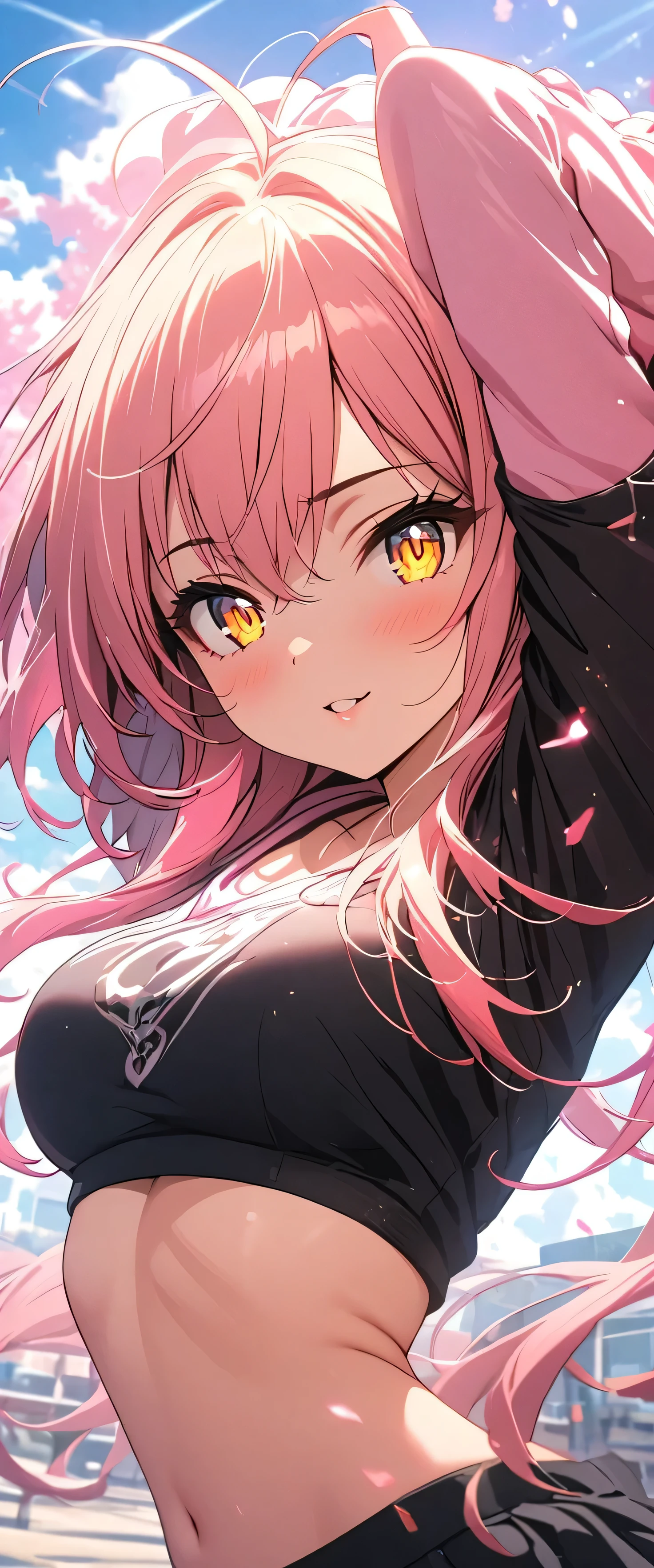 (beautiful girl: 1.3),One girl,masterpiece, Please redeem, Ultra-high resolution,rich contrast,Very high quality,8k,Highly detailed CG unit wallpaper,Texture,So ridiculous,Ultra-high resolution,RAW Photos,Please redeem anime,Depth of written boundary 1.2,(pink hair, yellow eyes,),ultra-detailed eyes,Glowing Skin,Glitter Effect,Beautiful glossy lips,(autumn leaves),makeup,Long sleeve,(School uniform&Pleated skirt),School rooftop,mika jougasaki,(Large Breasts),hair bow,(((Jumping high into the sky from the school rooftop))),(Motion Blur:2.0),Raise your arms high,blue sky