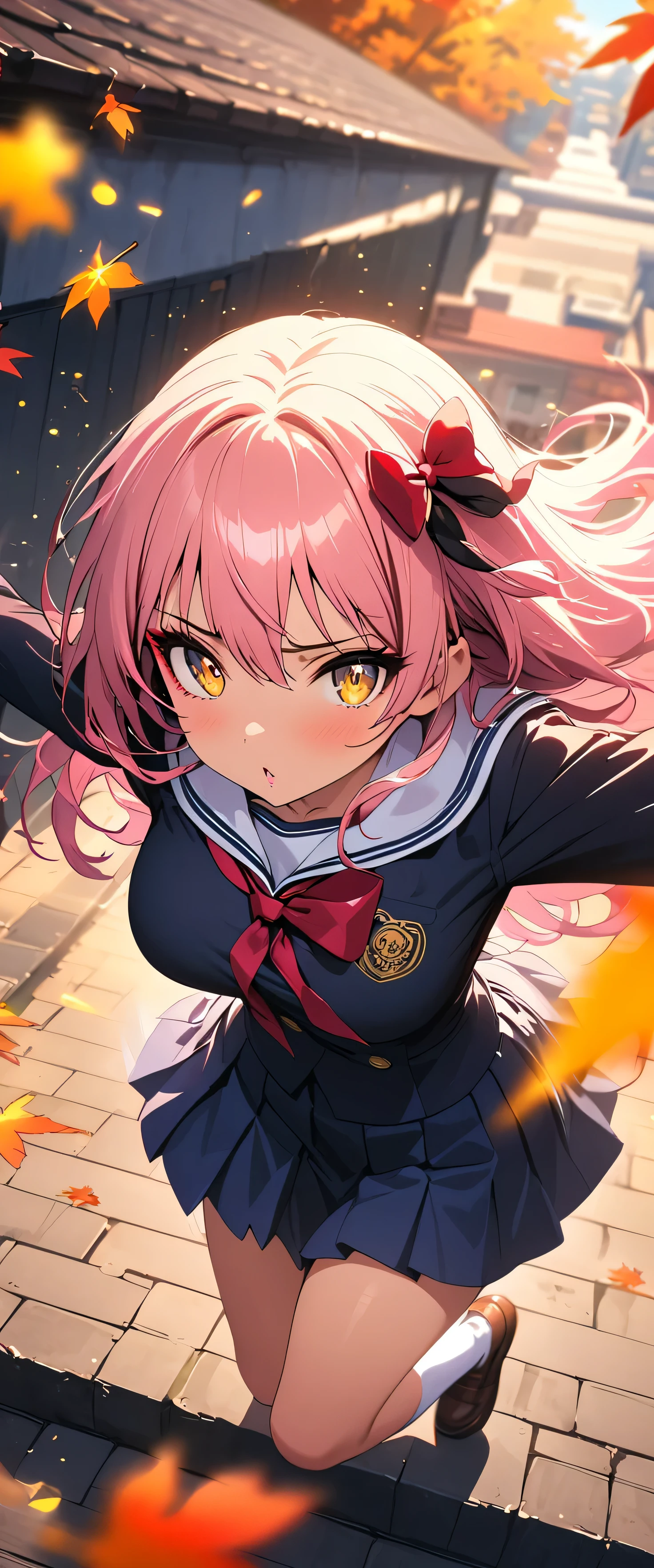 (beautiful girl: 1.3),One girl,masterpiece, Please redeem, Ultra-high resolution,rich contrast,Very high quality,8k,Highly detailed CG unit wallpaper,Texture,So ridiculous,Ultra-high resolution,RAW Photos,Please redeem anime,Depth of written boundary 1.2,(pink hair, yellow eyes,),ultra-detailed eyes,Glowing Skin,Glitter Effect,Beautiful glossy lips,(autumn leaves),makeup,Long sleeve,(School uniform&Pleated skirt),School rooftop,mika jougasaki,(Large Breasts),hair bow,Jump high from the school rooftop,(Motion Blur:1.8),Raise your arms high,blue sky