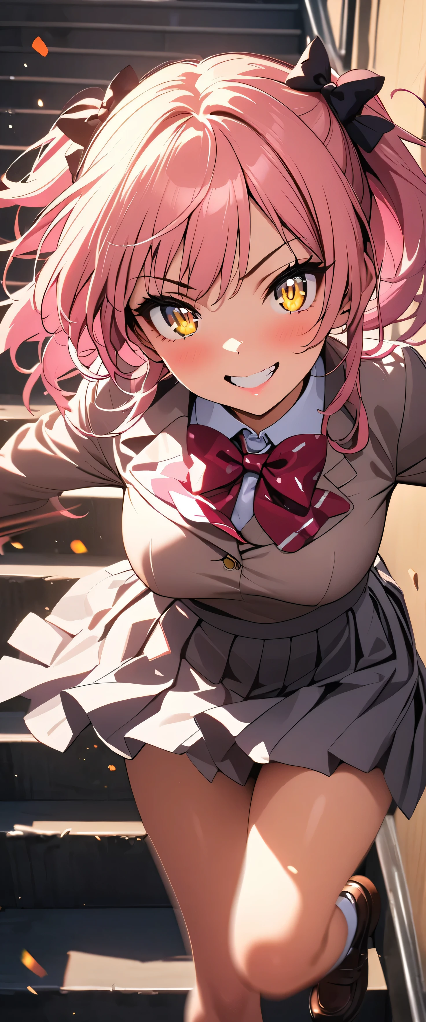 (beautiful girl: 1.3),One girl,masterpiece, Please redeem, Ultra-high resolution,Rich contrast,Very high quality,8k,Highly detailed CG unit wallpaper,Texture,So ridiculous,Ultra-high resolution,RAW Photos,Please redeem anime,Depth of written boundary 1.2,(pink hair, yellow eyes,),ultra-detailed eyes,Glowing Skin,Glitter Effect,Beautiful glossy lips,((School stairs)),makeup,Long sleeve,(School uniform&Pleated skirt),grin,mika jougasaki,hair bow,School stairsを急いで駆け上がる,(Motion Blur:2.0)