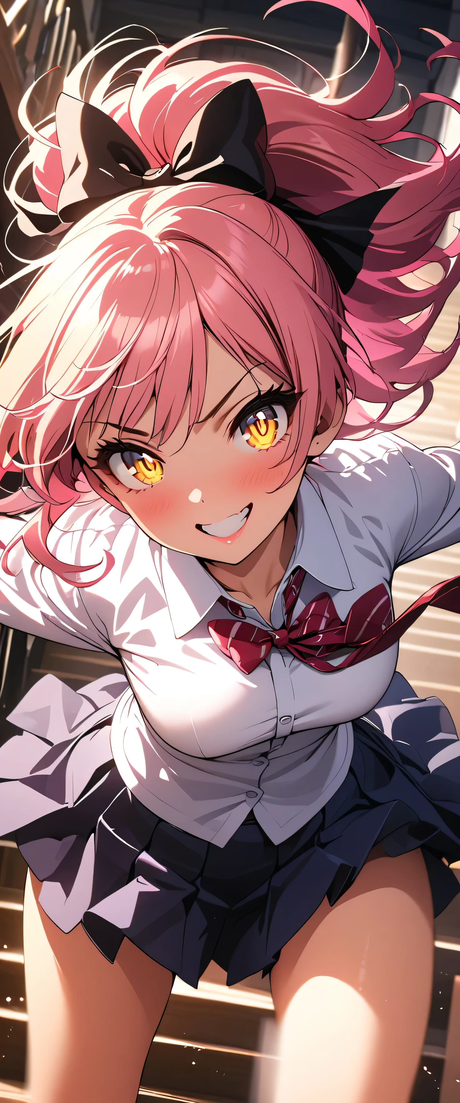 (beautiful girl: 1.3),One girl,masterpiece, Please redeem, Ultra-high resolution,Rich contrast,Very high quality,8k,Highly detailed CG unit wallpaper,Texture,So ridiculous,Ultra-high resolution,RAW Photos,Please redeem anime,Depth of written boundary 1.2,(pink hair, yellow eyes,),ultra-detailed eyes,Glowing Skin,Glitter Effect,Beautiful glossy lips,((School stairs)),makeup,Long sleeve,(School uniform&Pleated skirt),grin,mika jougasaki,hair bow,School stairsを急いで駆け上がる,(Motion Blur:2.0)