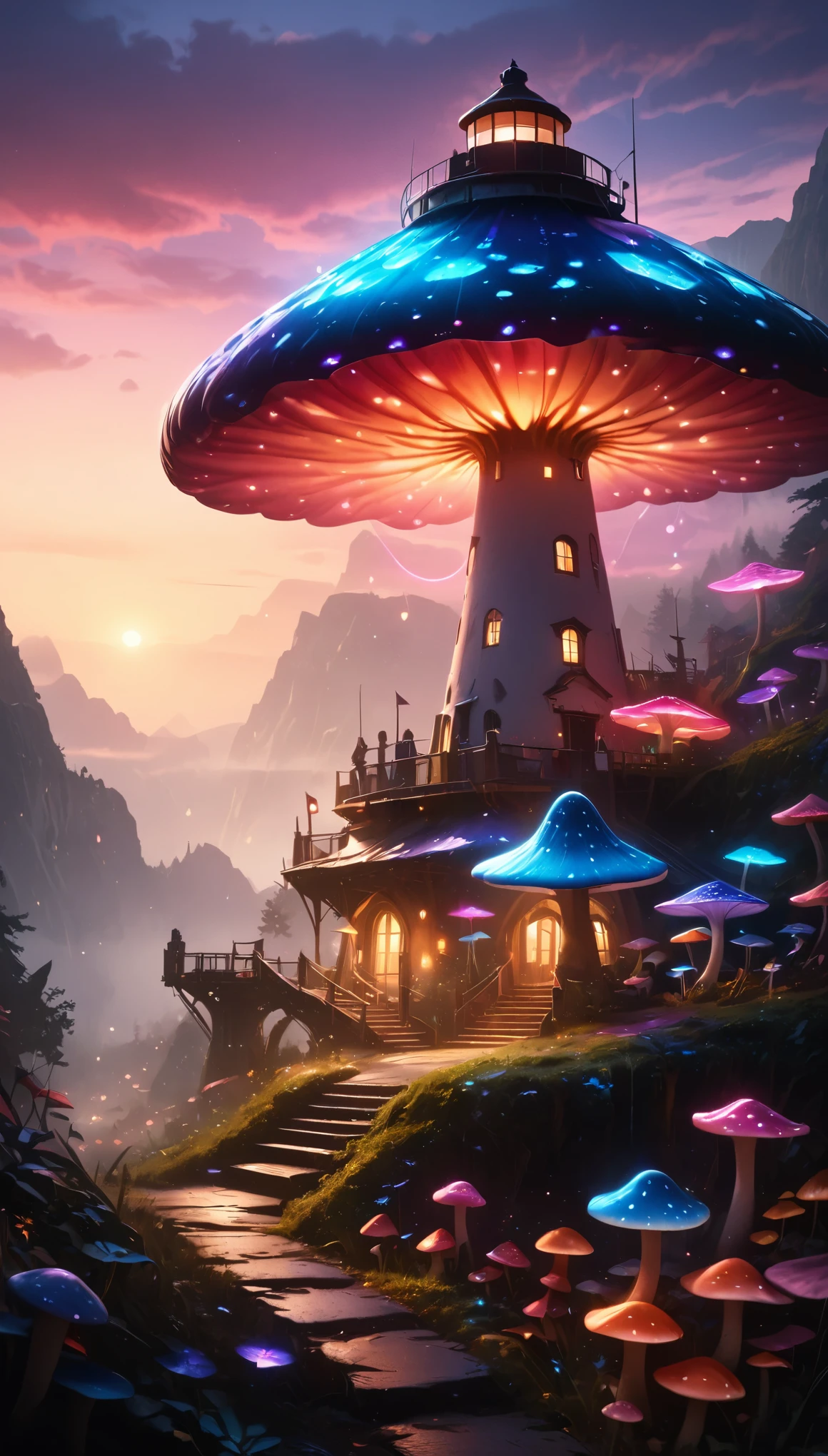 A fantasy art, lighthouse made of colorful mushrooms, whimsical mushroom forest, beautiful detailed eyes, detailed face, intricate mushroom details, vibrant colors, ethereal lighting, depth of field, (best quality,4k,8k,highres,masterpiece:1.2),ultra-detailed,(realistic,photorealistic,photo-realistic:1.37),fantastical,surreal,dreamlike,lush environment,magical,mystical,glowing mushrooms,tall mushroom tower,swirling mist,moody atmosphere