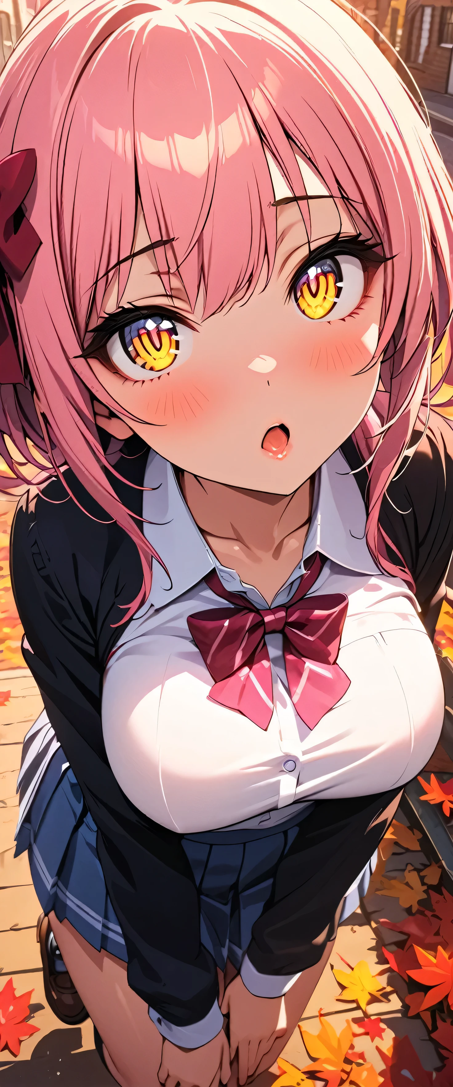 (beautiful girl: 1.3),One girl,masterpiece, Please redeem, Ultra-high resolution,Rich contrast,Very high quality,8k,Highly detailed CG unit wallpaper,Texture,So ridiculous,Ultra-high resolution,RAW Photos,Please redeem anime,Depth of written boundary 1.2,(pink hair, yellow eyes,),ultra-detailed eyes,Glowing Skin,Glitter Effect,Beautiful glossy lips,((autumn leaves)),makeup,Long sleeve,(School uniform&Pleated skirt),Town,autumn leavesの木,mika jougasaki,Absolute territory,Embarrassing,Leaning forward,look up,Tilt your head,(Large Breasts),Open your mouth wide,Too cute,hair bow