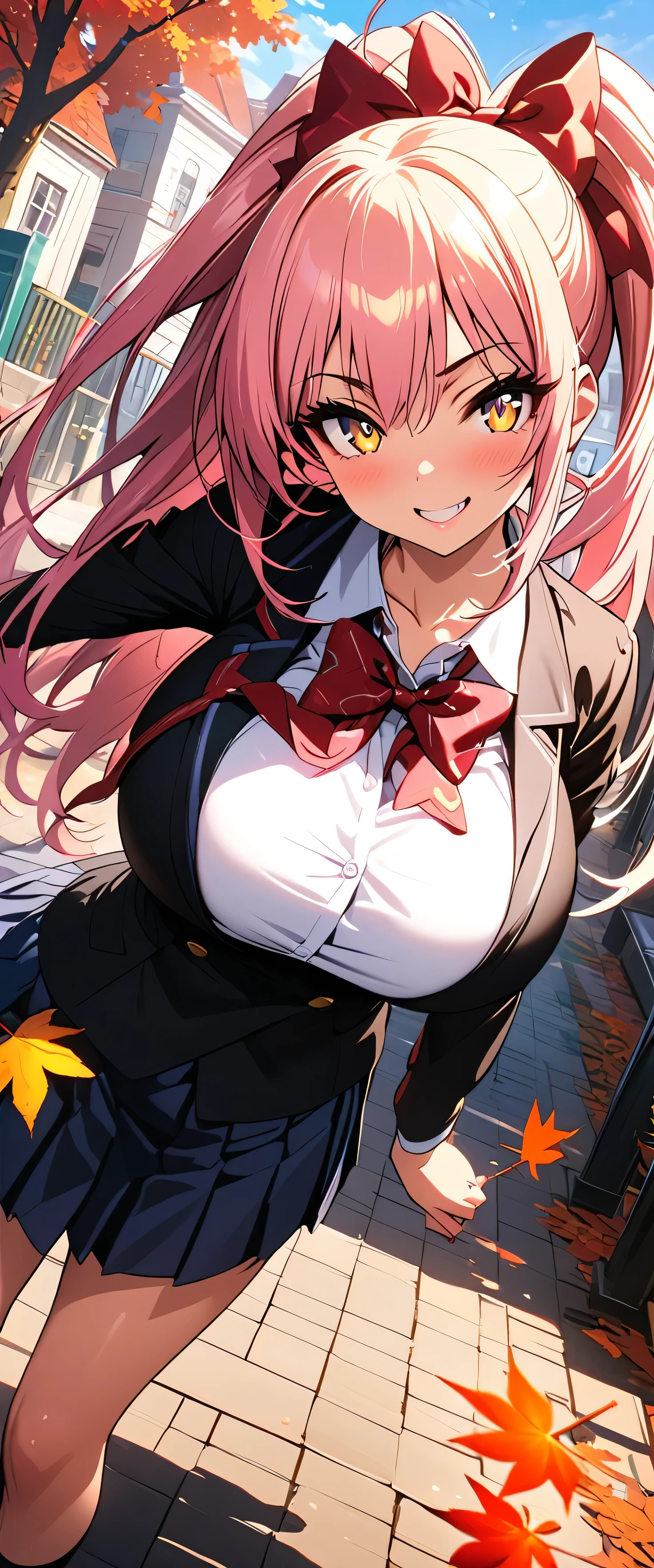 (beautiful girl: 1.3),One girl,masterpiece, Please redeem, Ultra-high resolution,Rich contrast,Very high quality,8k,Highly detailed CG unit wallpaper,Texture,So ridiculous,Ultra-high resolution,RAW Photos,Please redeem anime,Depth of written boundary 1.2,(pink hair, yellow eyes,),ultra-detailed eyes,Glowing Skin,Glitter Effect,Beautiful glossy lips,((autumn leaves)),makeup,Long sleeve,(School uniform&Pleated skirt),Town,autumn leavesの木,grin,mika jougasaki,hair bow,(Huge breasts:1.2)