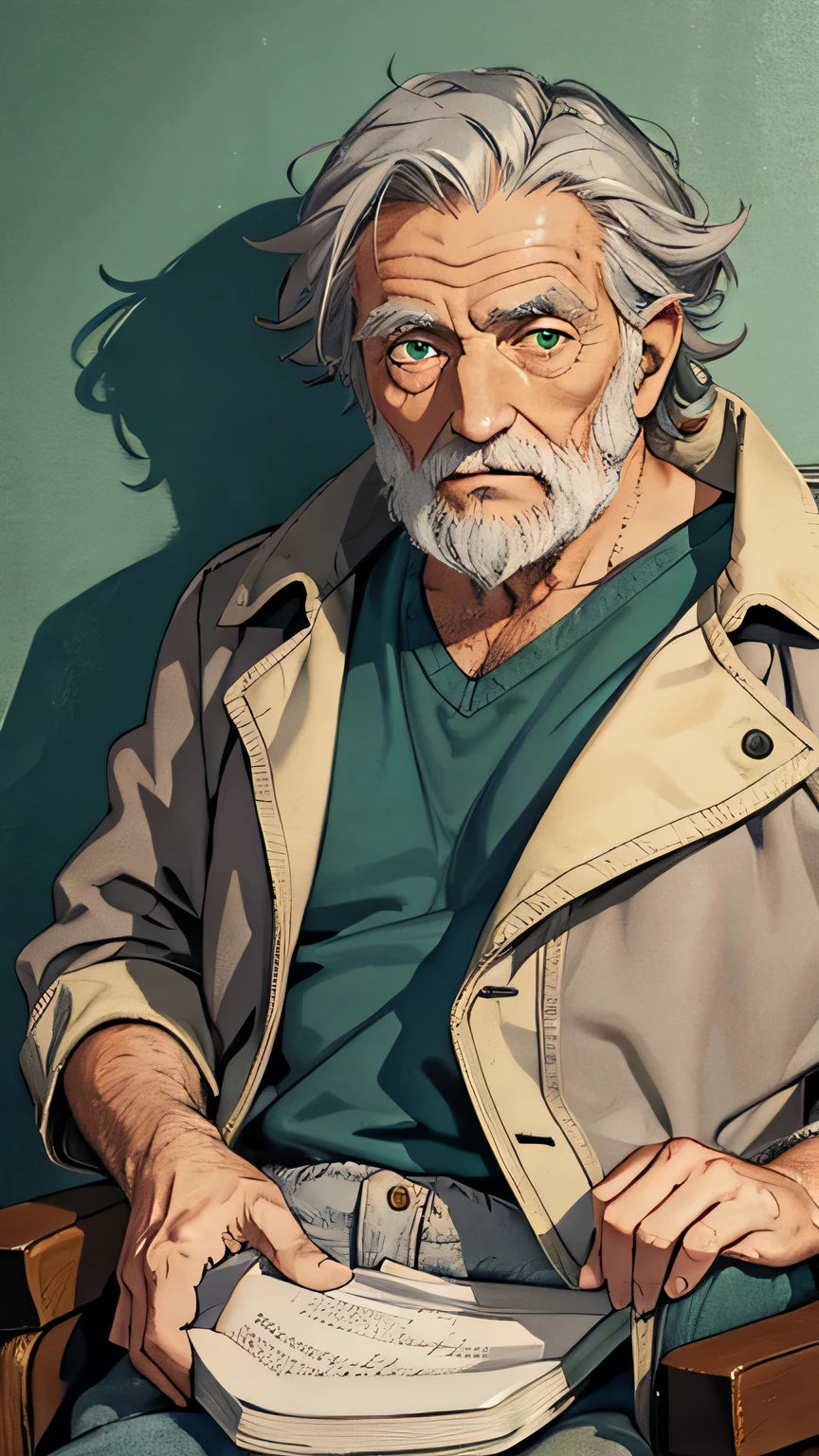 highest quality, character portrait, Old man, 80 years old, green eye, gray hair, hobo, meritocracy