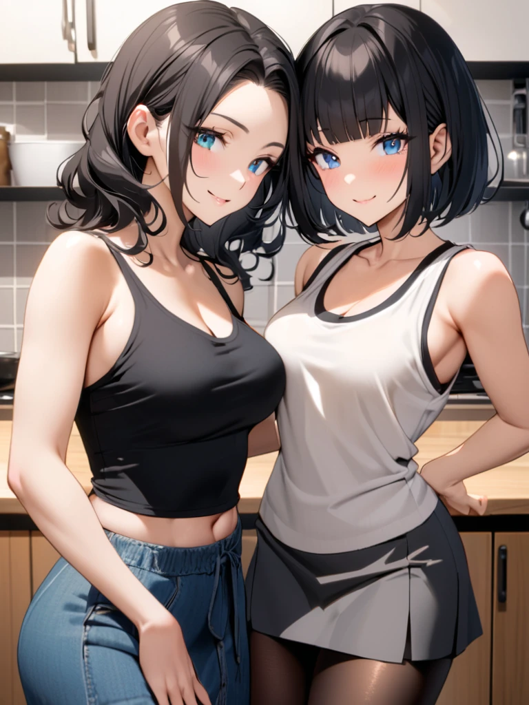 Multiple Girls, (masterpiece),High precision,1.7,Young body shape,Black Hair,Flat Chest,Pink areola,Erect nipples,, Black Hairのポニーテールに、She is wearing a pink tank top and a blue denim skirt..。Playing with iron bars
