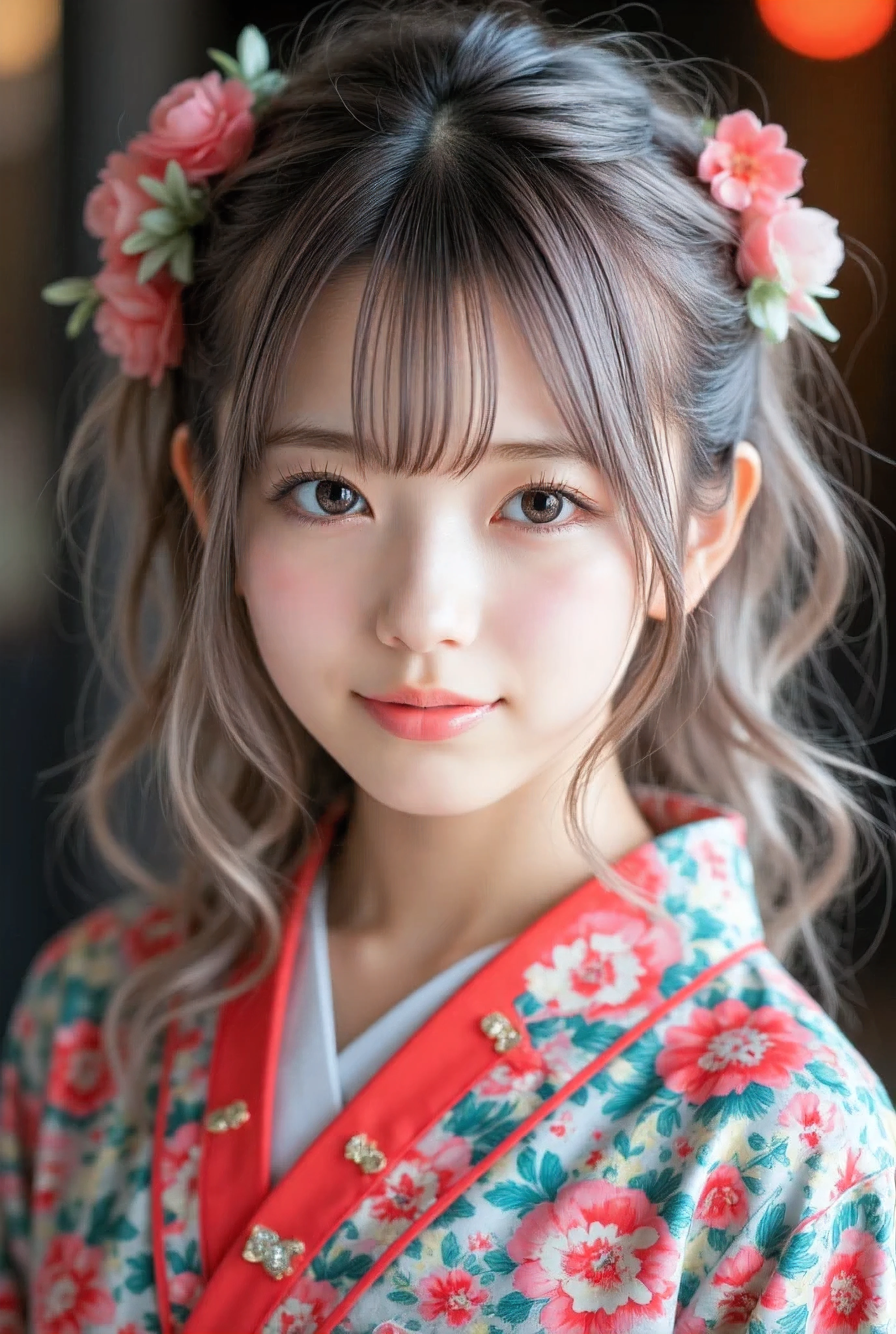 My cute girlfriend is a kimono model.、blue eyes、Beautiful smile、he is short、Silver-haired braid、hair ornaments、Colorful and flashy kimono、