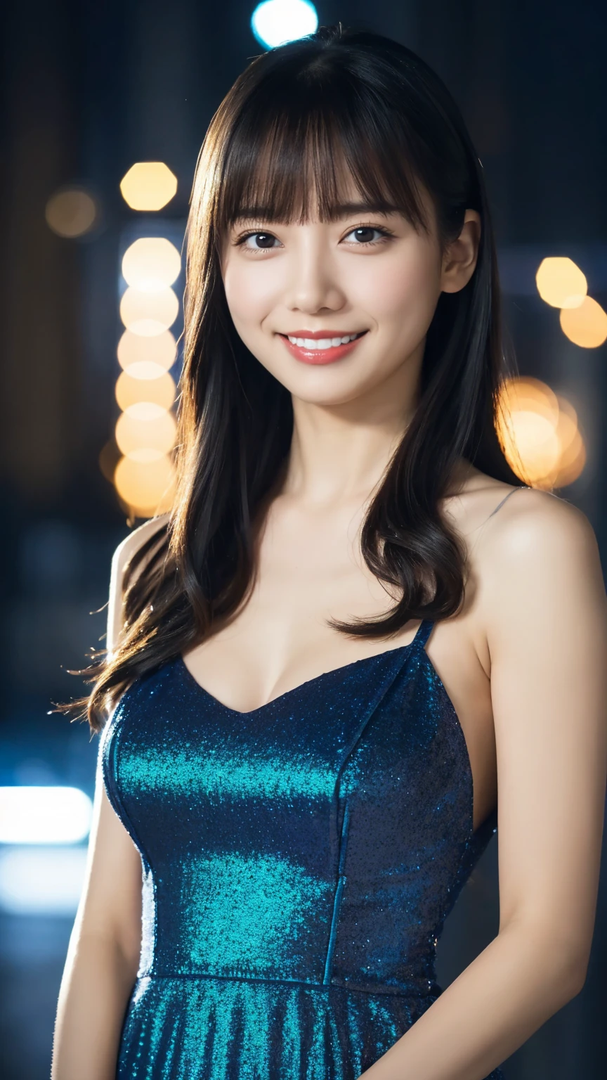 1girl,(wearing a blue glittery evening dress:1.2),(RAW photo, best quality), (realistic, photo-realistic:1.4), masterpiece, an extremely delicate and beautiful, extremely detailed, 2k wallpaper, Amazing, finely detail, extremely detailed CG unity 8k wallpaper, ultra-detailed, highres, soft light, beautiful detailed girl, extremely detailed eyes and face, beautiful detailed nose, beautiful detailed eyes,cinematic lighting,city lights at night,perfect anatomy,slender body,light smile,close up,(long hair with bangs)