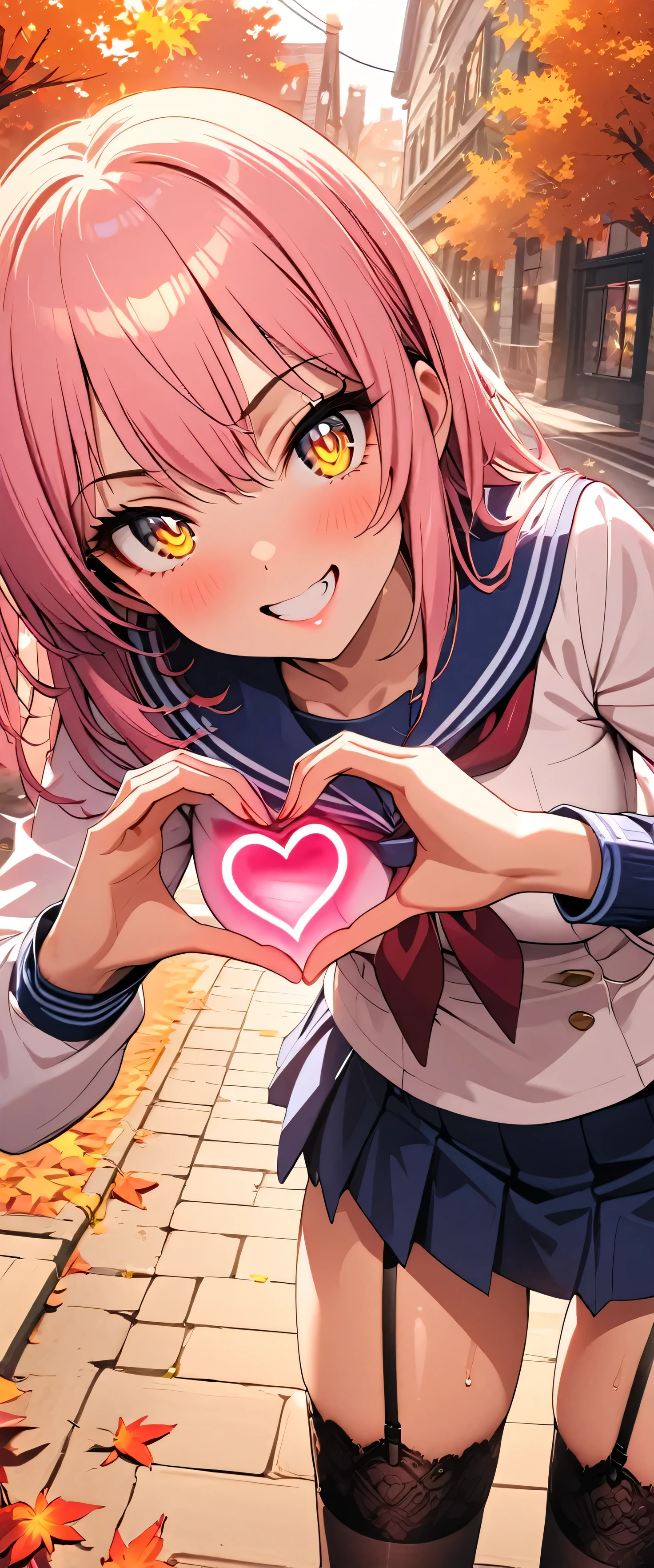 (beautiful girl: 1.3),One girl,masterpiece, Please redeem, Ultra-high resolution,Rich contrast,Very high quality,8k,Highly detailed CG unit wallpaper,Texture,So ridiculous,Ultra-high resolution,RAW Photos,Please redeem anime,Depth of written boundary 1.2,(pink hair, yellow eyes,),ultra-detailed eyes,Glowing Skin,Glitter Effect,Beautiful glossy lips,((autumn leaves)),makeup,Long sleeve,(School uniform&Pleated skirt),Town,autumn leavesの木,grin,mika jougasaki,Absolute territory,Garter Straps,Embarrassing,Leaning forward,look up,Tilt your head,(((Heart Hands))),Open your mouth wide,Too cute