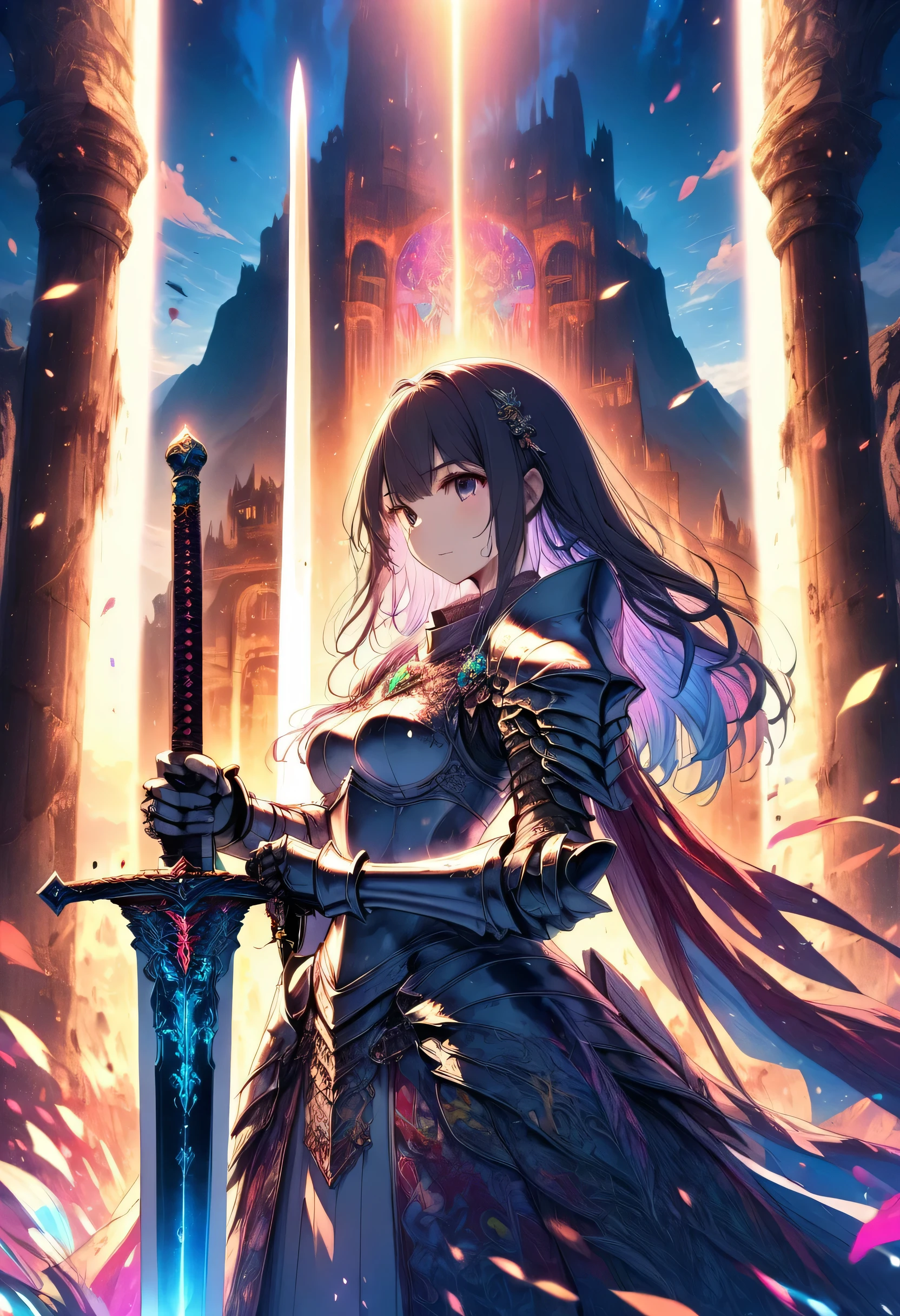 ((female swordsman mage)) ((rapier of roses and thorns)) ((beautiful woman alone)) ((long hair)) ((armor dress with cleavage)) ((alone swordman)) ((thorns sword)) ((big boobs)) ((lingerie with garters))