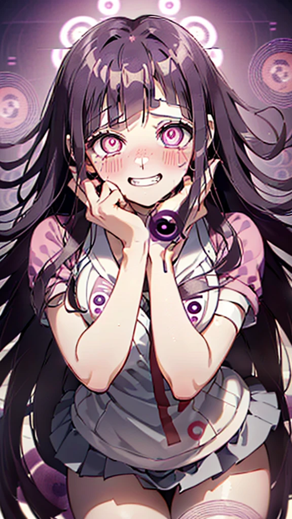 ((mikan tsumiki)),Long Hair,Purple Hair,(Purple eyes:1.3),bangs, blunt bangs,(Patsun),((in danganronpa styles:1.4)),break (nsfw:1.1),((Spread your arms)),(Place your arms behind your head),Raise your arms,
break (((High resolution:1.4))), Unity 8K Wallpapers,(Highly detailed face:1.2),(Perfect Anatomy),((vulgarity ahegao smile:1.3)),(messy hair:1.3),(big eyes:1.4),(crazy smile),(evel grin:1.5),((white heavy breathing:1.3)),(pupils facing upwards:1.2),(blush:1.5),(pink glowing eyes),(((eyes with many circles:1.5))),(drooling:1.2),(textile shading:1.3),((close up face:1.2)),((face focus:1.2)),((eyes focus:1.2))