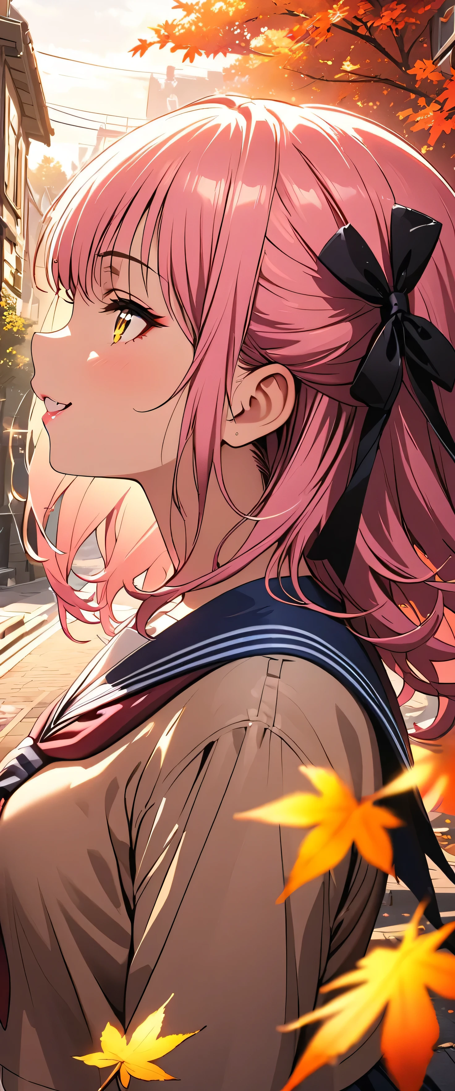 (beautiful girl: 1.3),One girl,masterpiece, Please redeem, Ultra-high resolution,Rich contrast,Very high quality,8k,Highly detailed CG unit wallpaper,Texture,So ridiculous,Ultra-high resolution,RAW Photos,Please redeem anime,Depth of written boundary 1.2,(pink hair, yellow eyes,),ultra-detailed eyes,Glowing Skin,Glitter Effect,Beautiful glossy lips,((autumn leaves)),makeup,Long sleeve,(School uniform&Pleated skirt),Town,autumn leavesの木,grin,mika jougasaki,hair bow,(profile:1.5)