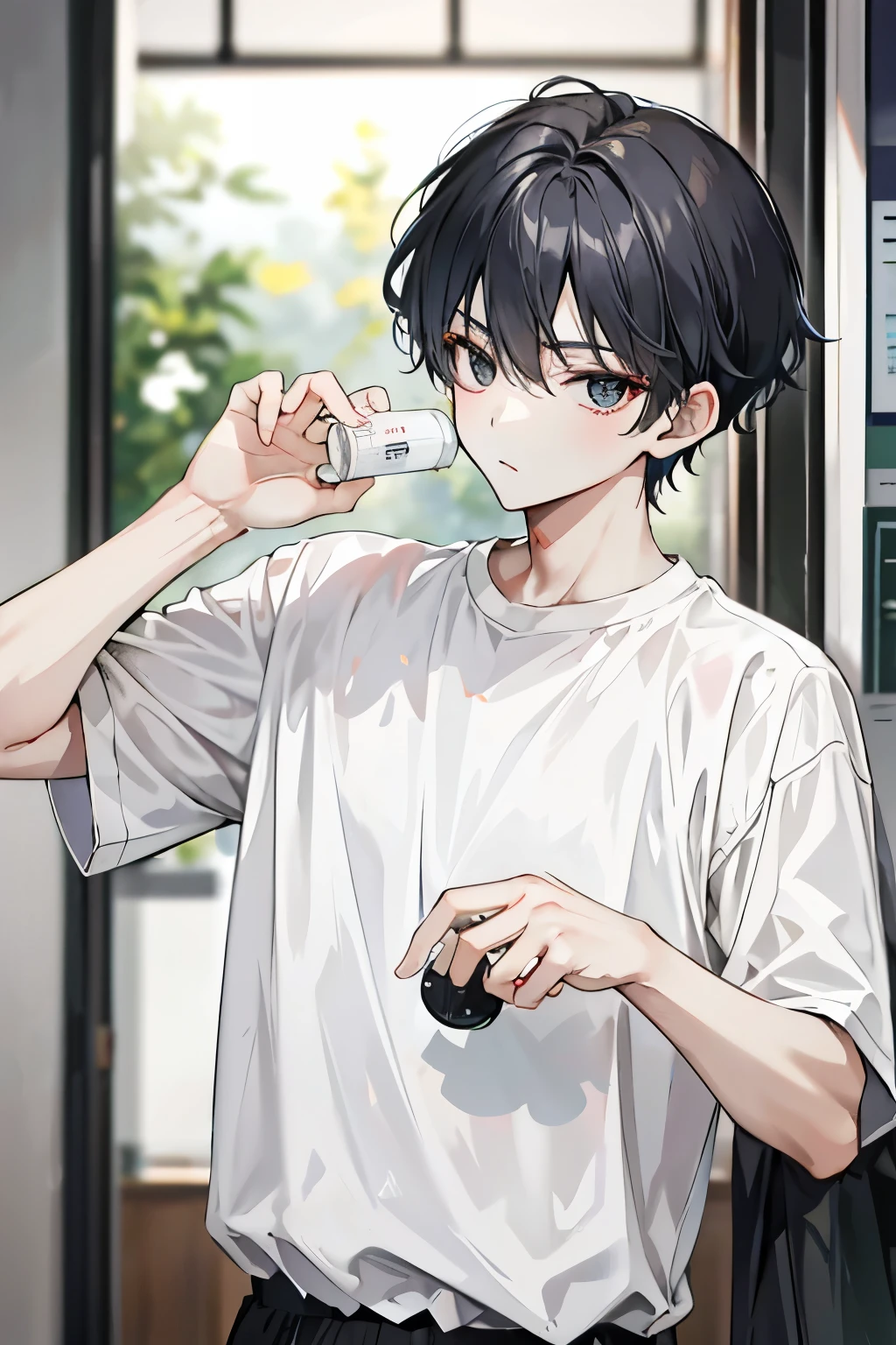 1 Boy，黑色高马尾有BangsBangs两边长发，White shirt，Cold eyes，Bangs，Bangs盖住眼睛，casual，