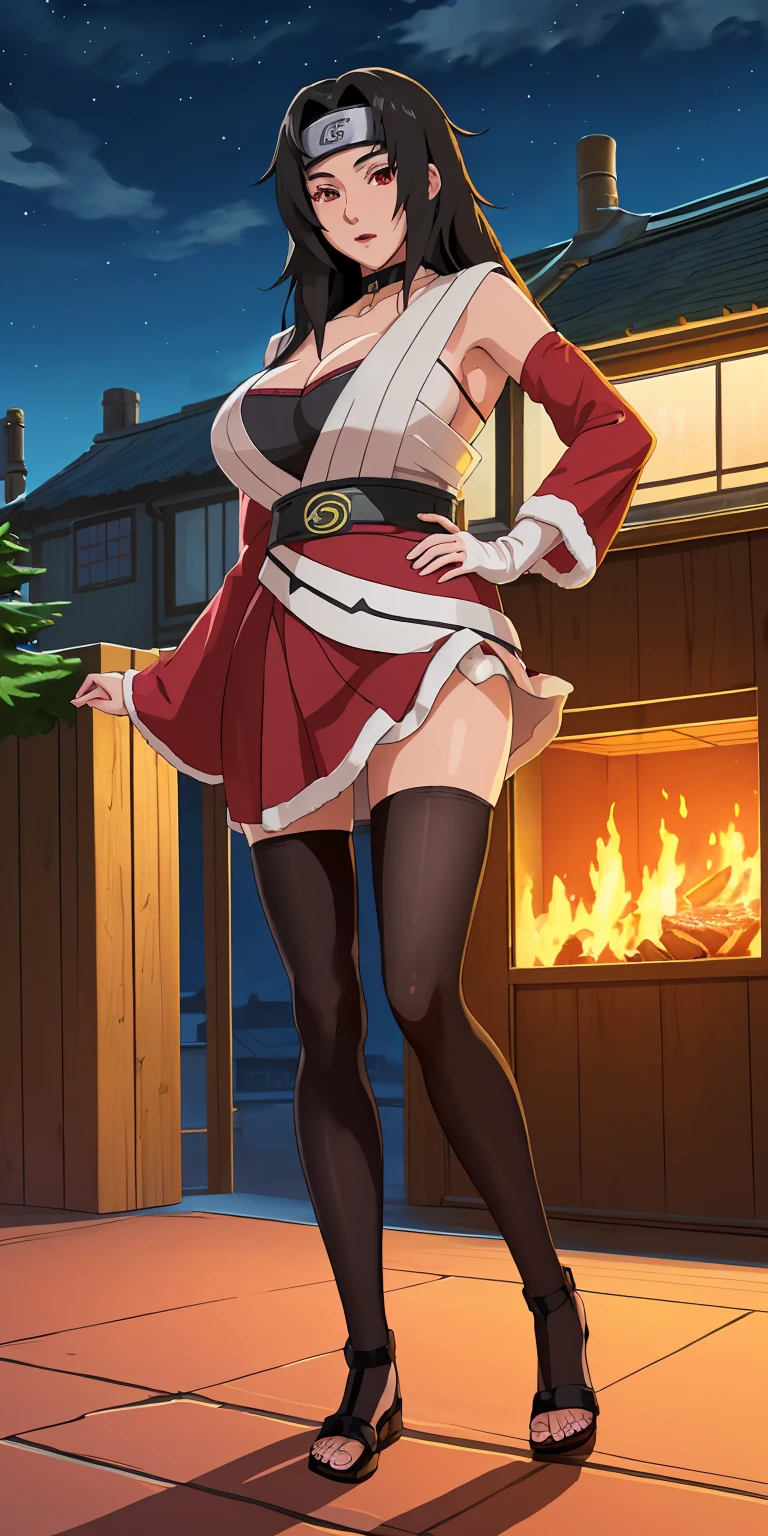 masterpiece, ultra high-quality, extremely detail 8k cg, high resolution, 1girl, solo, mature female, GiftDress_KurenaiYuhi_ownwaifu, 1girl, black hair, long hair, large breasts, red eyes, headband, bell, cleavage, detached sleeves, forehead protector, black thighhighs, santa costume, arm warmers, skirt, mini skirt, choker, titsonastick, standing, night time, konohavillage, outdoors, 