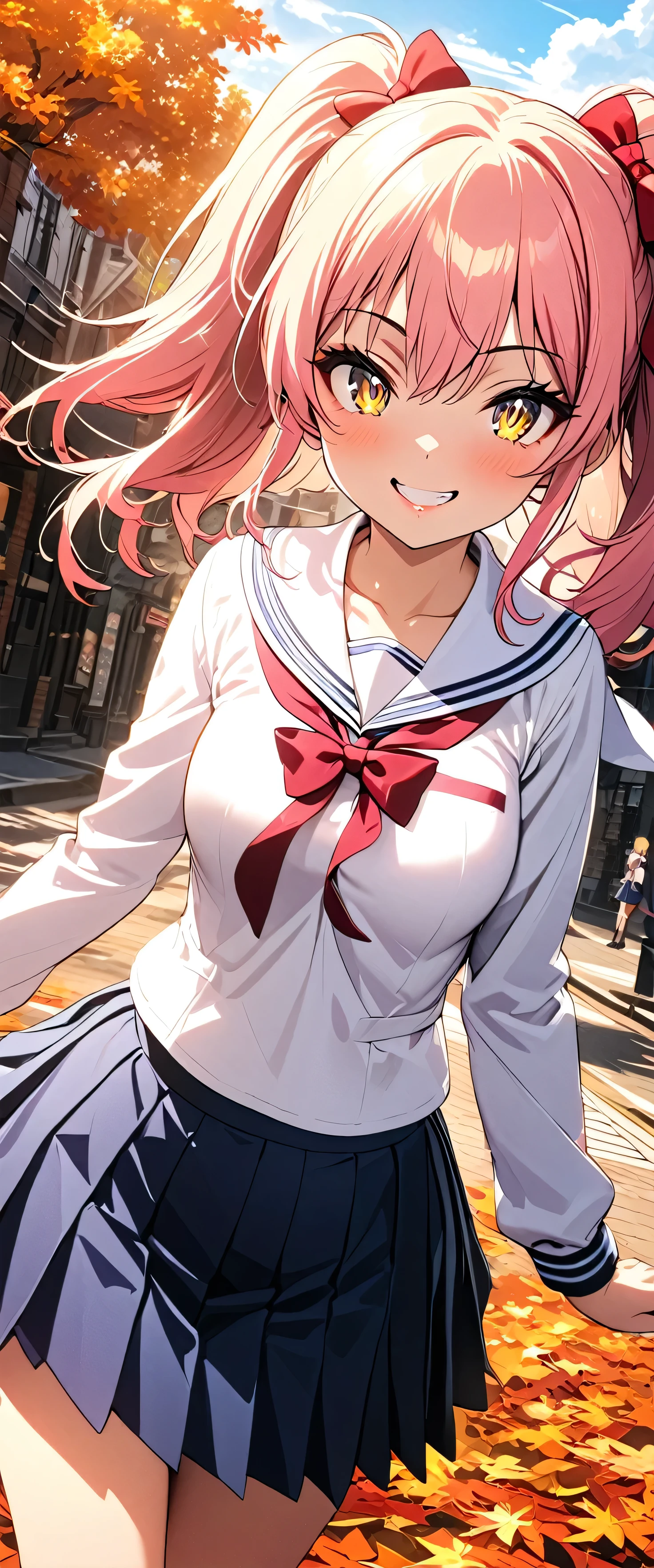 (beautiful girl: 1.3),One girl,masterpiece, Please redeem, Ultra-high resolution,Rich contrast,Very high quality,8k,Highly detailed CG unit wallpaper,Texture,So ridiculous,Ultra-high resolution,RAW Photos,Please redeem anime,Depth of written boundary 1.2,(pink hair, yellow eyes,),ultra-detailed eyes,Glowing Skin,Glitter Effect,Beautiful glossy lips,((autumn leaves)),makeup,Long sleeve,(School uniform&Pleated skirt),Town,autumn leavesの木,grin,mika jougasaki,hair bow