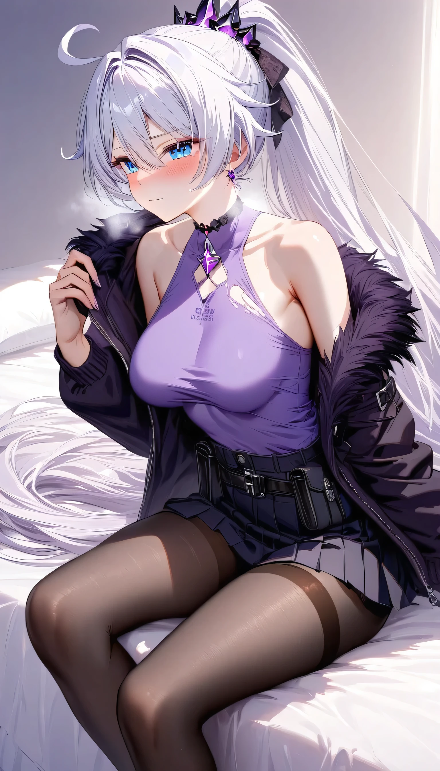 masterpiece, ultra HD, high-resolution, detailed, (highly detailed:1.5), (sharp focus:1.4), (crisp edges:1.3), 1girl, 20 year old woman, kiana kaslana \(honkai impact 3rd\), herrscher of finality, white hair, ahoge, ponytail, very long hair, blue eyes, purple pupils, medium breast, skinny skin, blush, closed mouth, heavy breathing, sitting on bed, sitting, fur-lined jacket, black jacket, loose t-shirt, purple t-shirt, black pleated skirt, straps, utility belt, black gloves, pantyhose, thighband torn pantyhose,