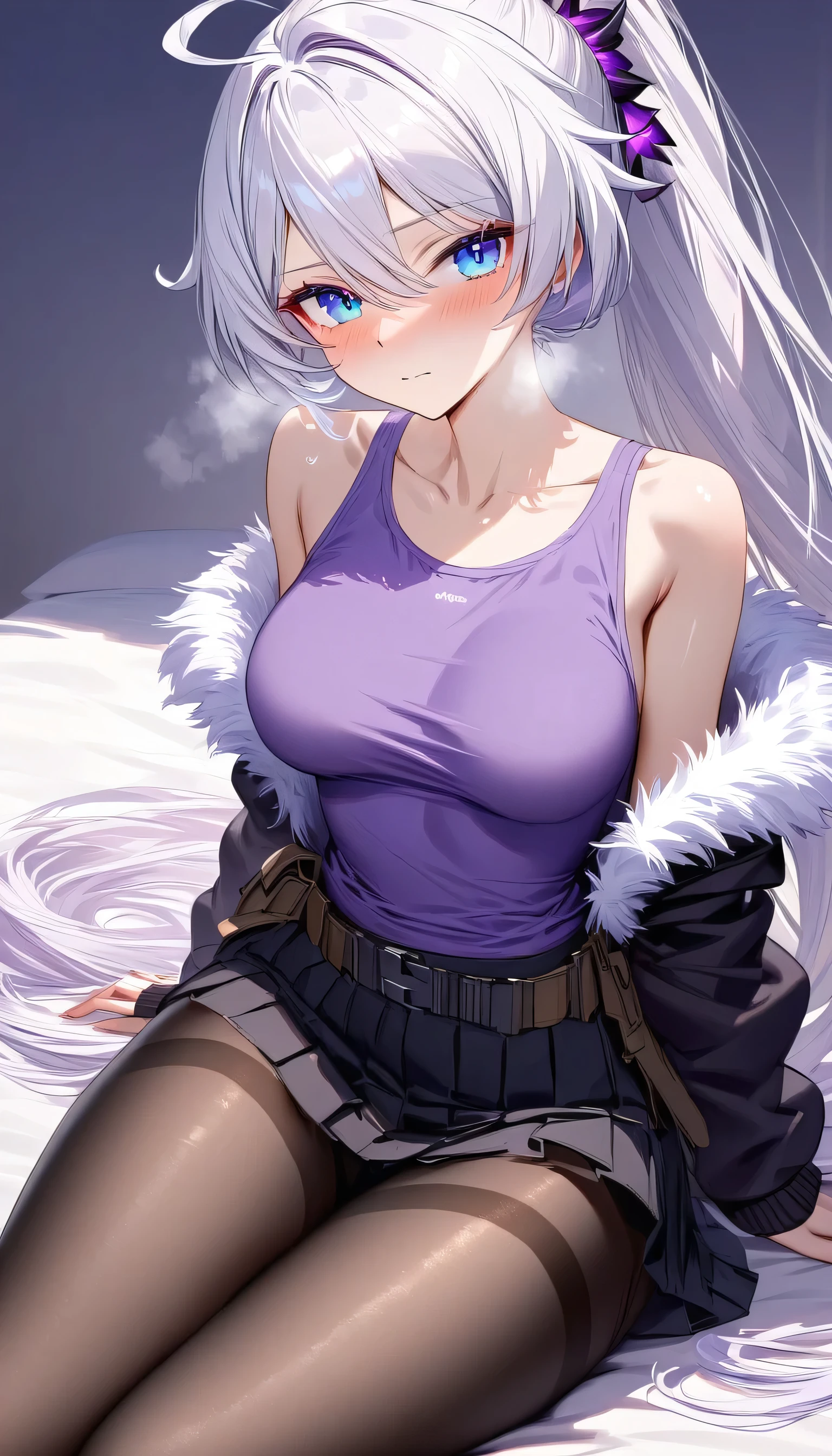 masterpiece, ultra HD, high-resolution, detailed, (highly detailed:1.5), (sharp focus:1.4), (crisp edges:1.3), 1girl, 20 year old woman, kiana kaslana \(honkai impact 3rd\), herrscher of finality, white hair, ahoge, ponytail, very long hair, blue eyes, purple pupils, medium breast, skinny skin, blush, closed mouth, heavy breathing, sitting on bed, sitting, fur-lined jacket, black jacket, loose t-shirt, purple t-shirt, black pleated skirt, straps, utility belt, black gloves, pantyhose, thighband torn pantyhose,
