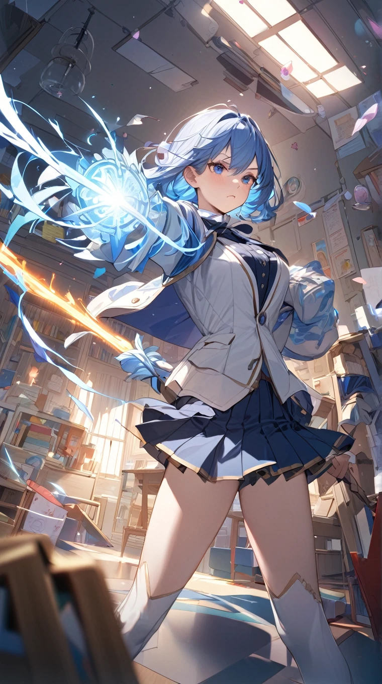 10th generation women、Beautiful blue hair、chest length hair（Half-up hairstyle）、Long-sleeved sailor suit（Scarf is yellow、Blue scarf closure、Blue with pleated skirt）、Ready to unleash magic、Energetic expression、The background is glowing