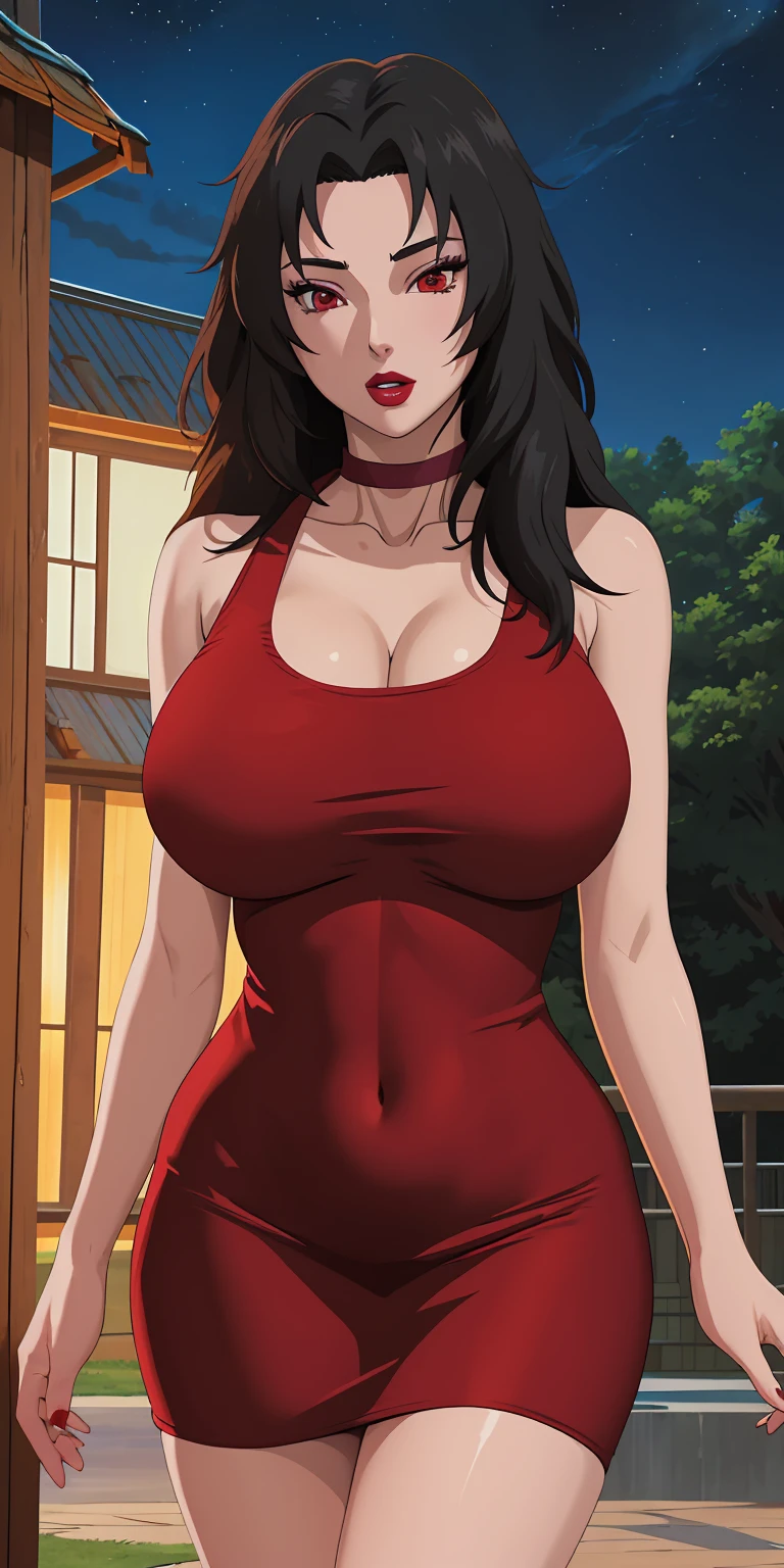 masterpiece, best quality, extremely detail 8k cg, high resolution, 1girl, mature female, RedTankTop_KurenaiYuhi_ownwaifu, 1girl, black hair, long hair, lipstick, makeup, red eyes, red lips, large breasts, lips, cleavage, red dress, short dress, collarbone, tank top, bare shoulders, choker, collarbone, titsonastick, beautiful face, night time, konohavillage, outdoors