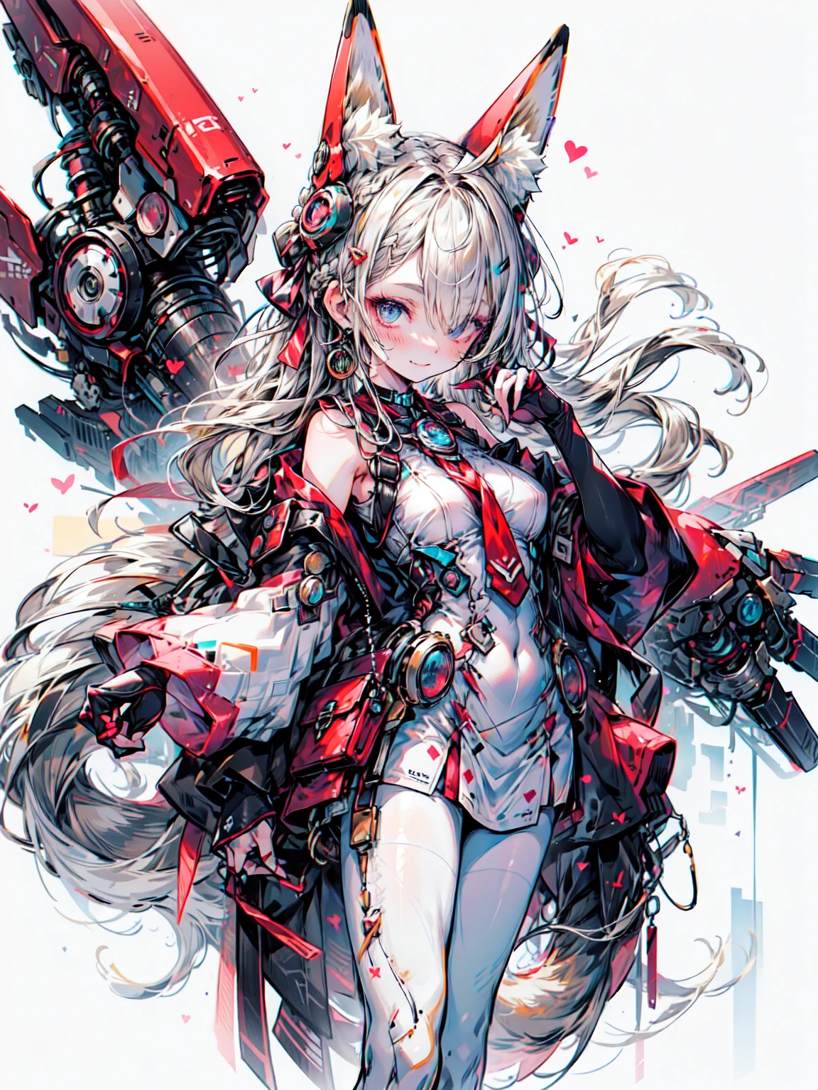 Fox Ears, Mecha, mechanical, Fluffy tail, Blue Theme,, ultra detailed, masterpiece, Best Quality, Midea, detailed,, Alone, Soft Smile, 軽いsmile,
One girl, blue eyes, 非常Long Hairの毛, Blonde, long Blonde, french braid, bangs, Medium Breast,, hair ribbon, Frill Choker, Crisscross Halter, Sleeveless dress, High Waist Skirt, Backless Dress, Waist ribbon, Removable sleeves, Ruffle sleeves, Wide sleeves, pantyhose, Patterned Legwear, Mary Jane, Blake、（Dark Elf), (1 person), Alone, Perfect Face, Get used to it, Ahoge, ((Long Hair:1.2)), (Hair above one eye:1.3), [[Messy Hair]], Shiny blonde white hair, Purple eyes, Spotted Eyes, Colorful Hair, Shining Eyes, (eyelash, Eyeshadow, pink Eyeshadow), bright, smile, Design Art：Haruhiko Mikimoto, Kawasaki, Akihiko Yoshida