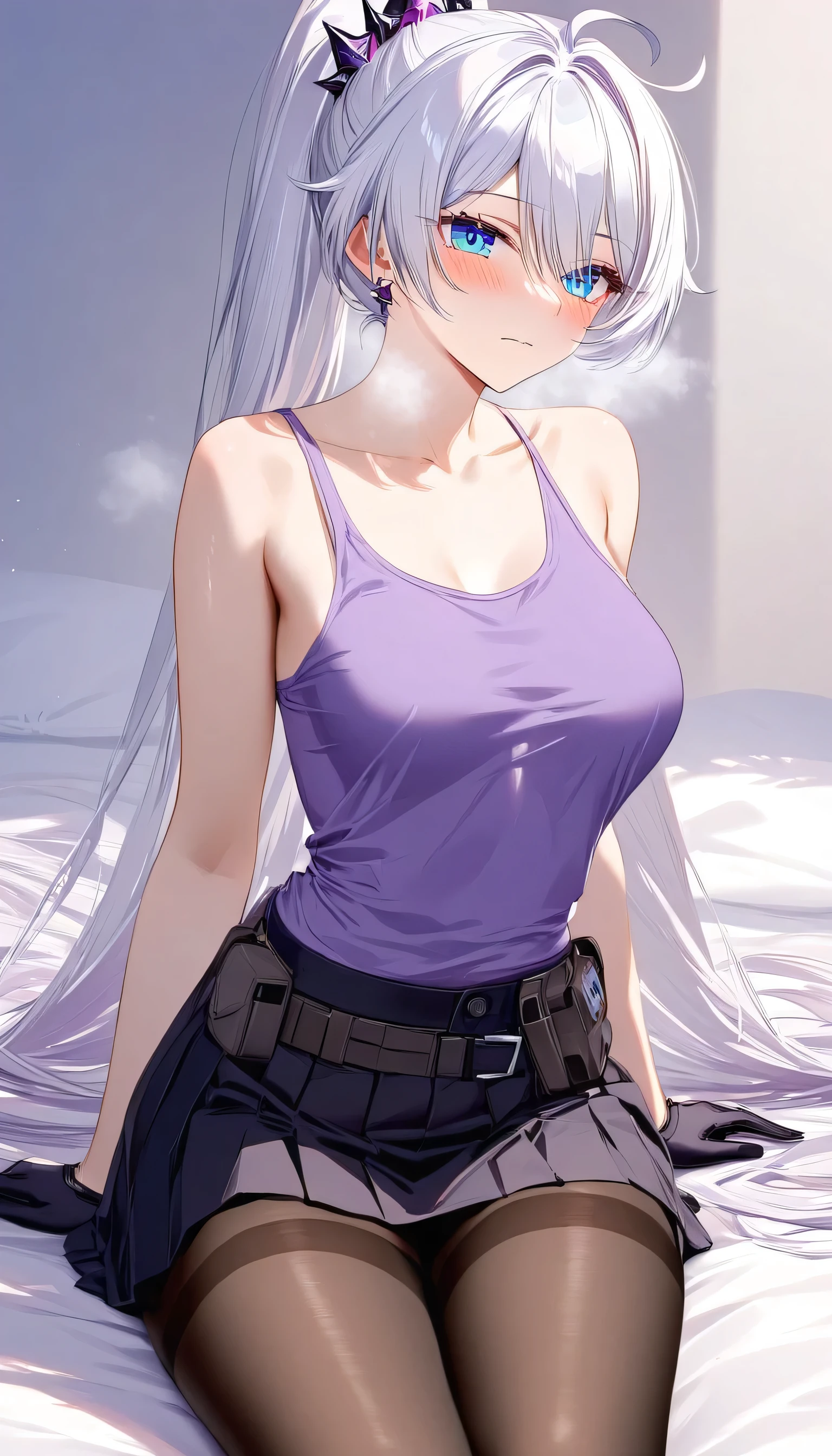 masterpiece, ultra HD, high-resolution, detailed, (highly detailed:1.5), (sharp focus:1.4), (crisp edges:1.3), 1girl, 20 year old woman, kiana kaslana \(honkai impact 3rd\), herrscher of finality, white hair, ahoge, ponytail, very long hair, blue eyes, purple pupils, medium breast, skinny skin, blush, closed mouth, heavy breathing, sitting on bed, sitting, fur-lined jacket, black jacket, loose t-shirt, purple t-shirt, black pleated skirt, straps, utility belt, black gloves, pantyhose, thighband torn pantyhose, 