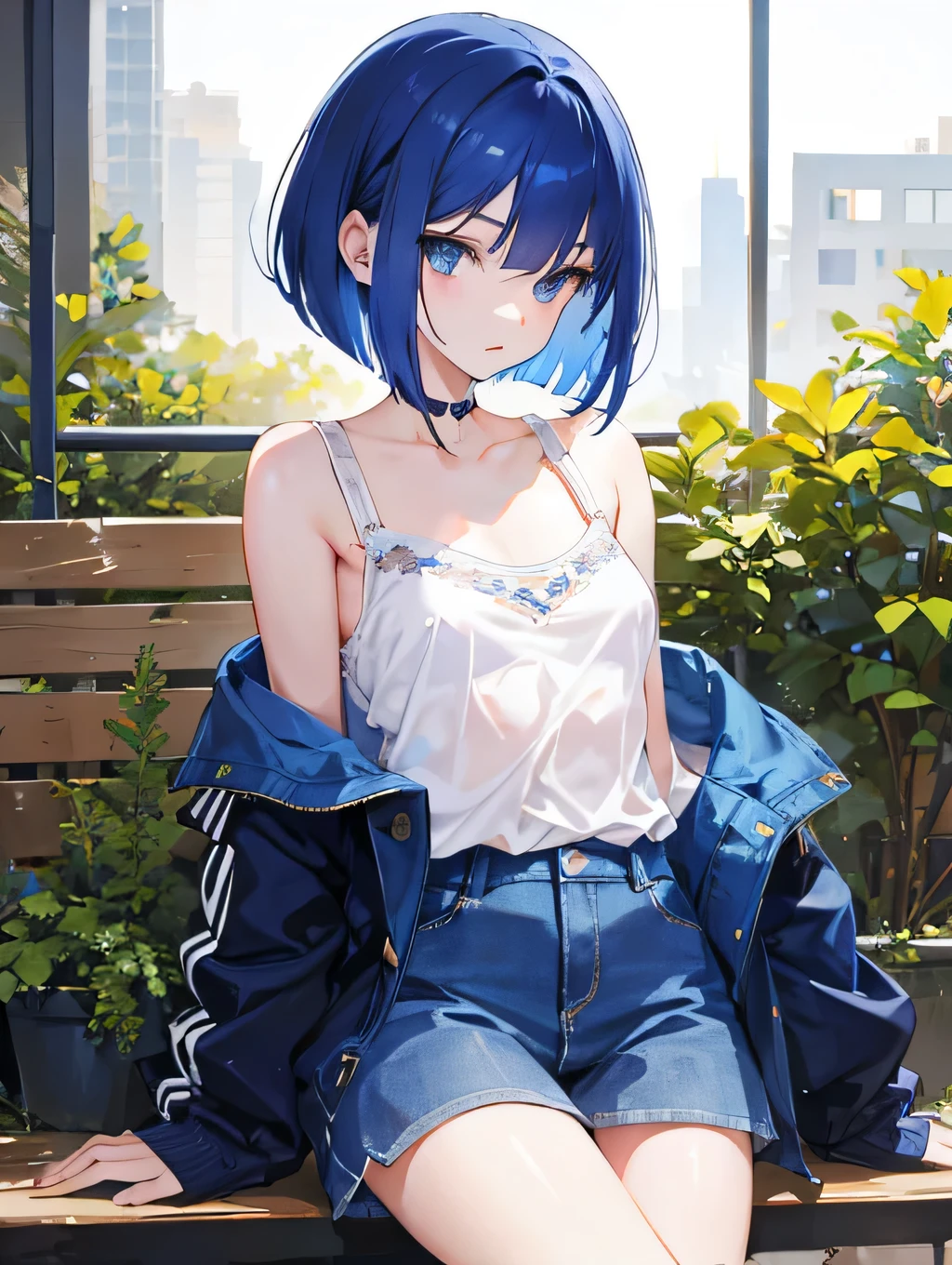 Solo, Highest quality, Masterpiece, Dynamic, Highly detailed CG, Highly detailed 8K wallpaper, Bird&#39;s eye view, Highly detailed character, Standing still, Looking at viewer, Front facing (very detailed and beautiful portrait), Small chest, beautiful line, Japanese high school uniform, collared jacket, embarrassment, front button, black slacks, zipper open, underwear shift, see-through bra, portrait, solo, clear focus, (((soft mohawk)) , dark-skinned tomboy, butler, white teeth with cigar, navel piercing, tattoo under eye, short hair, yellow eyes, detailed close-up portrait, background is park, detailed trees, blue sky