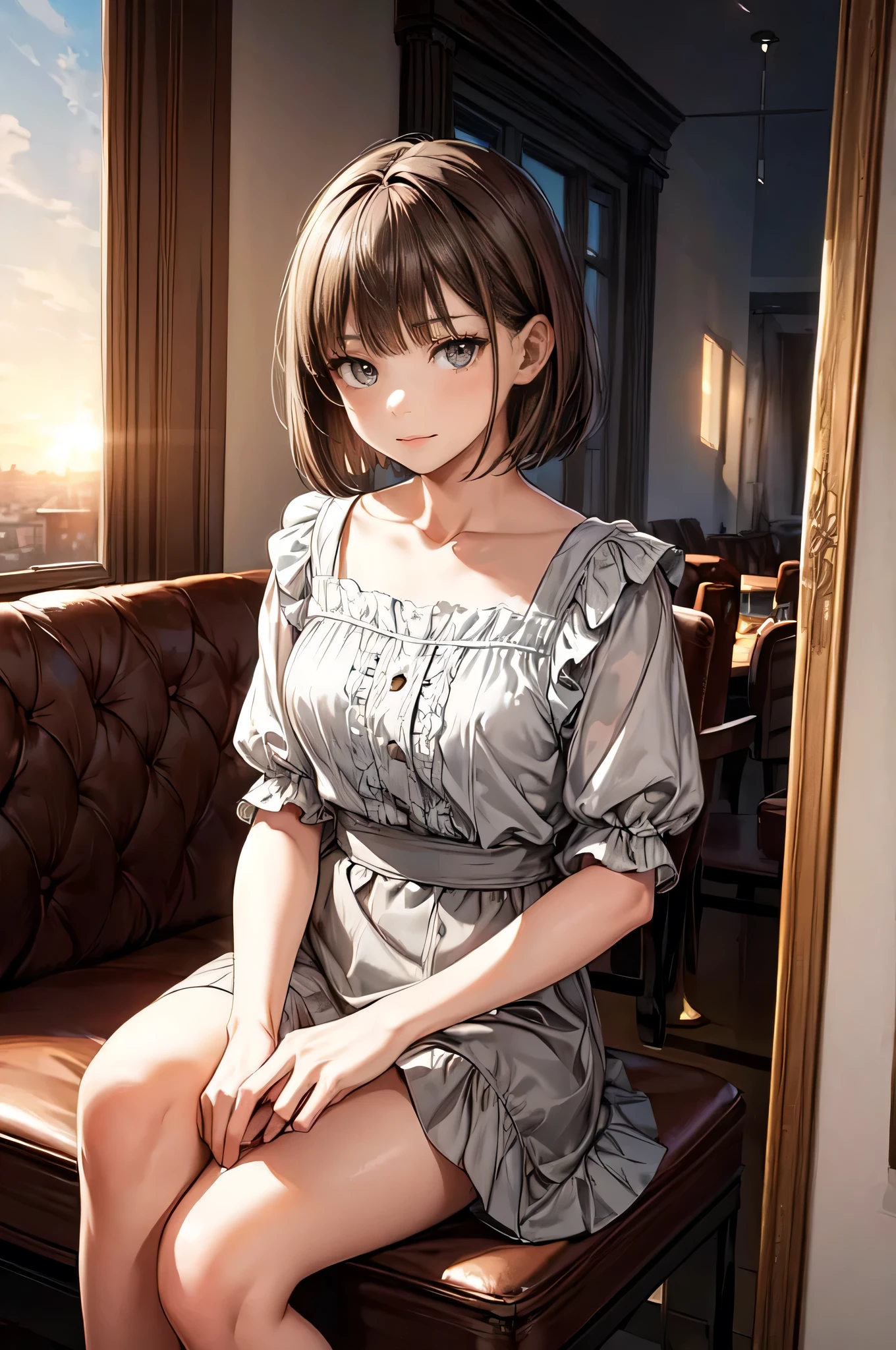 (masterpiece,finely detailed beautiful grey eyes: 1.2),(no lineart:1.2),1girl,backlighting,portrait,brown hair,bob cut,cotton ruffle shirt,sky,sunset,cafe,skirt,knees,chatting