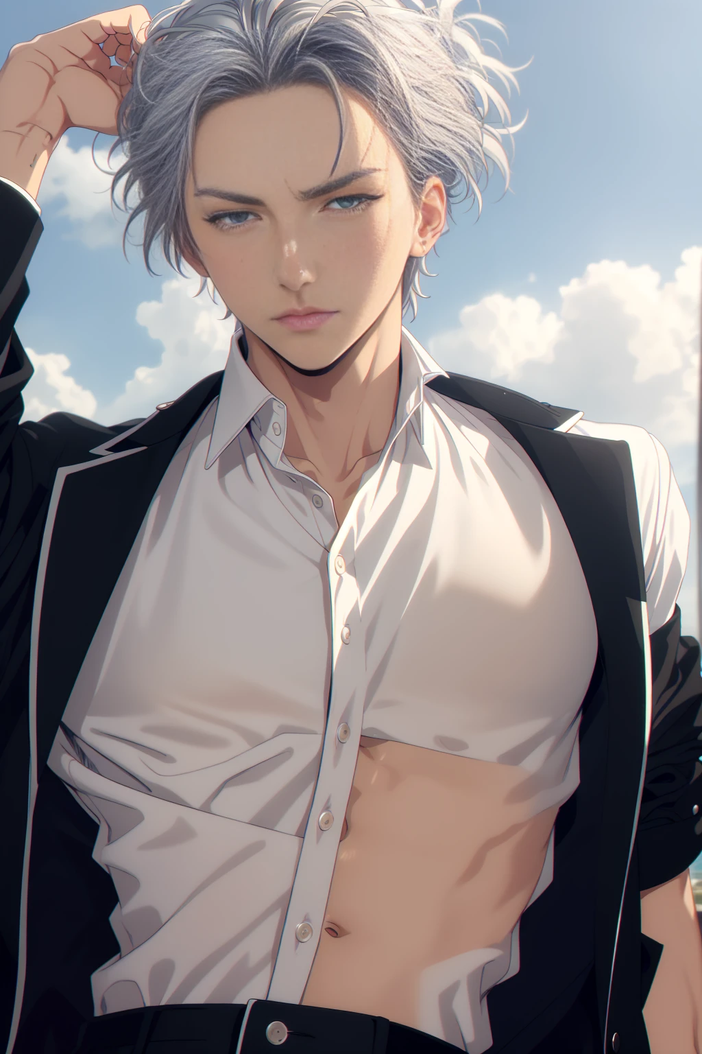 Handsome man , Beach one , Well-proportioned face, Short, curly silver hair, Blue Eyes, Emotionless face, Androgynous and beautiful face, black suit jacket, The top two buttons of the shirt are open, Long eyelashes, Thick lips,No decoration