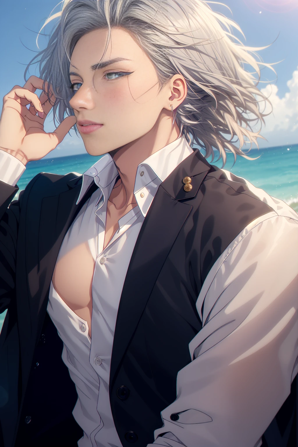 Handsome man , Beach one , Well-proportioned face, Short, curly silver hair, Blue Eyes, Emotionless face, Androgynous and beautiful face, black suit jacket, The top two buttons of the shirt are open, Long eyelashes, Thick lips,No decoration