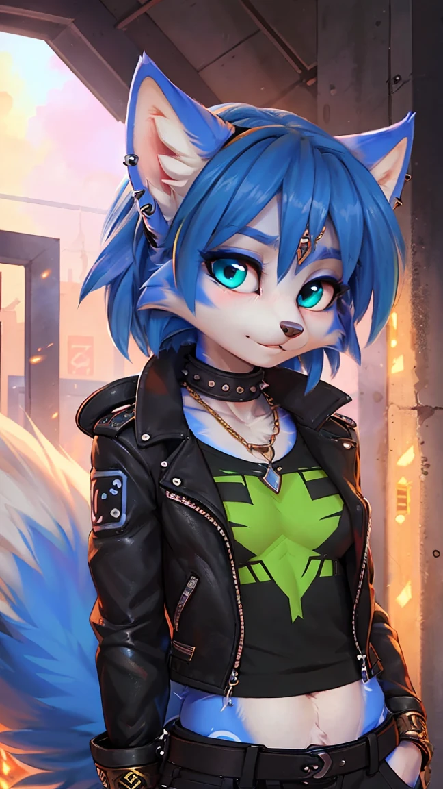 a picture of ((krystal)), Star Fox-Kristall, lovable, green eyes, medium breasts, (((Long blue hair 1.3))), Decollete, anthro, Fuzzy, Uploaded E621, detailed Fluffys fell, (von Fluff-Kevlar, Bayard Wu, Pino Daeni), detailed face, (Fluffy), 1 girl, Alone, sweet girl, Alone, slim, slimer Körper, punk, Piercings, torn clothes, dark clothing, Dark jacket, Black and Gold shirt, Messy hair, big eyes, Cool, chains, black markings, complex markings, Fluffy Fur