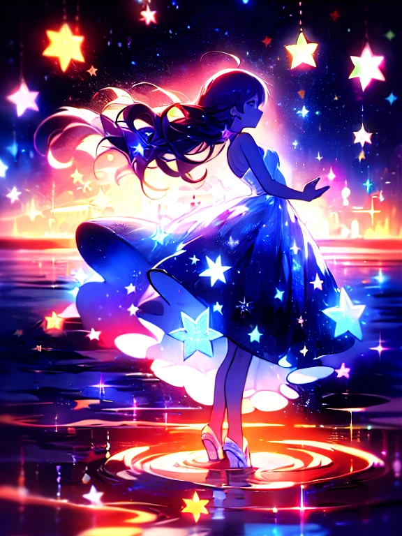 Silhuette of a ballerina, dress, starry, water, sky, night, glowing, sparkle, star, night sky, backlighting, light particles, floating hair, anime style, dark ultra long hair, absurdres, ultra detailed, masterpiece, best quality, aesthetic, detailed,