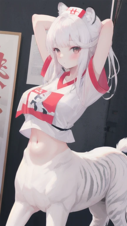 (best quality, masterpiece), 1 girl, centaur, It takes, White skin, Korean ,daughter, black pink, exposing the abdomen, belly button t-shirt , 아름다운 소녀 Perfect wild white tiger photo, Perfect wild white tiger photo