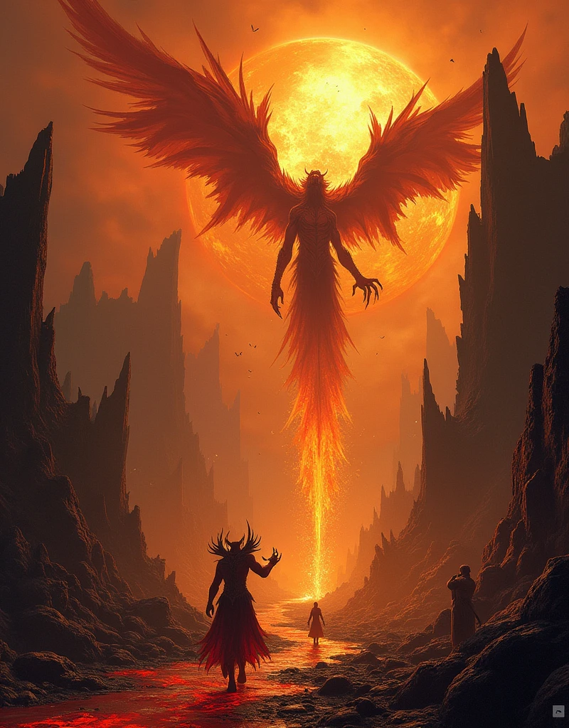 Celestial realm clashing with the inferno, angels with shimmering wings juxtaposed against grotesque demons, ethereal light of paradise waterfalling over golden city ruins, turbulent crimson tempest swirling around obsidian castle, ethereal glow, silhouette of divine soldiers, chaotic battlefield, clashing of good versus evil, digital painting, dramatic lighting, ultra realistic