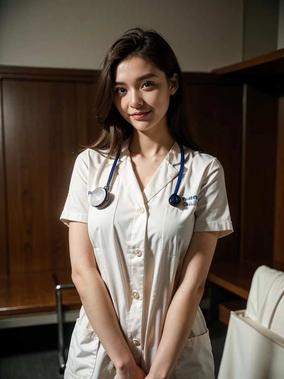 (SFW), (Wide shot), A beautiful woman, (1girl, solo, 23yo), in a white doctor suit, with a stethoscope, in (private hospital, luxurious Wardroom:1.3). (eyes to camera, looking at viewer, smile warmly), High quality image, masterpiece, detailed hair texture, detailed skin texture, detailed cloth texture, 8k, add fabric details, ultra detailed skin texture, ultra detailed photo, skin pores, cloth details, high skin details, realistic hair details, highly details, rich colors, film grain, detailed fabric rendering, lifelike rendering, detailed fabric rendering,epiC35mm