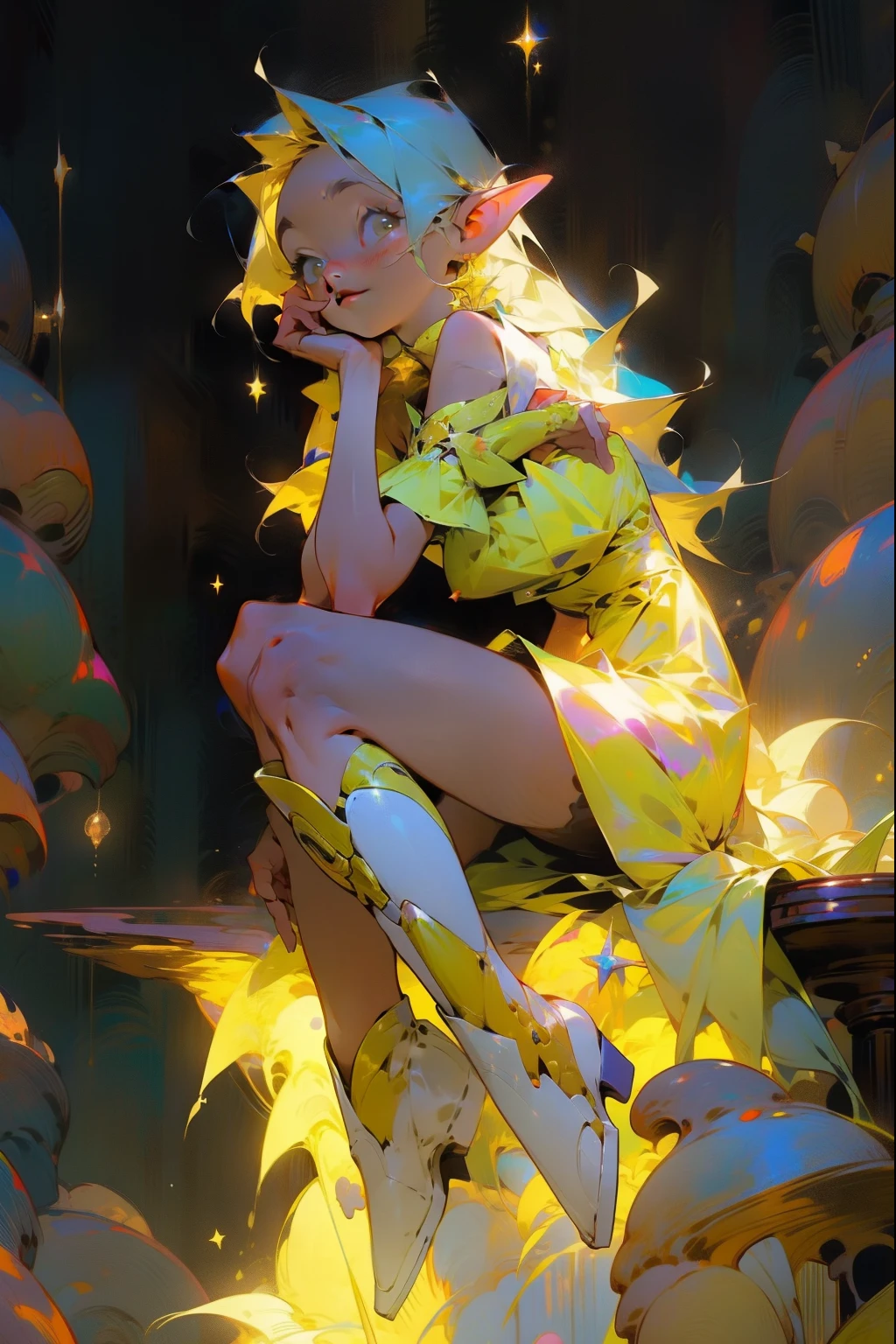 One Girl、One girl,Expressionless、Fantastic look、Fairy, Pointed Ears, masterpiece, Best Quality, High resolution,, One girl, Alone, Blue Hair, Yellow Bandana, Long Hair , Thigh-high boots、Yellow dress、Yellow Skirt, Dark Background, starlight, star,starをすくう、手のひらでstarを救い上げる、Thighs、sit proudly、Lift your legs、Crossing your legs。