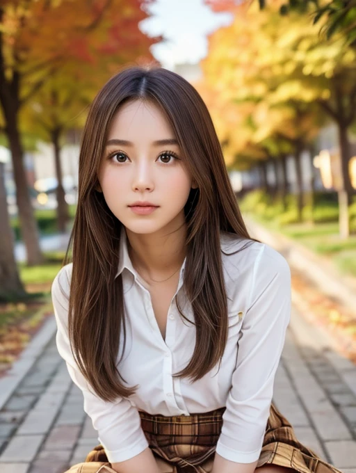 (((Alone))),(((1 girl))), beautiful, shape, Highly detailed skin, masterpiece, Please redeem, Highly detailed face, Vibrant colors, Written boundary depth, Cinema Lighting,, One Girl, Alone, Brown eyes, Brown Hair, Long Hair,Green Check Skirt,, White Shirt, ,masterpiece Please redeem 高解像度、, Long Hair, Sit with your knees bent、Eight-headed body、beautiful足 、On campus、As if looking up from below、Embarrassing,Browsing Caution,White panties,Camel Toe,autumn