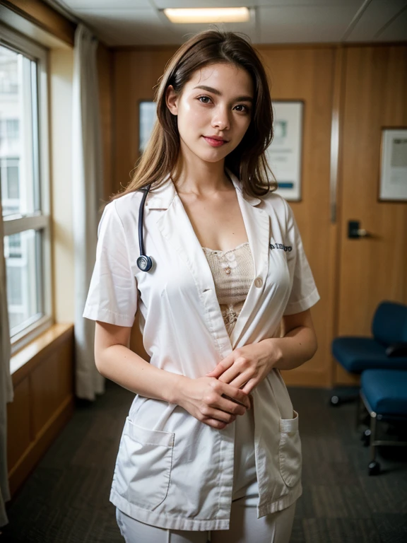 (SFW), (Wide shot), A beautiful woman, (1girl, solo, 23yo), in a white doctor suit, with a stethoscope, in (private hospital, luxurious Wardroom:1.3). (eyes to camera, looking at viewer, smile warmly), High quality image, masterpiece, detailed hair texture, detailed skin texture, detailed cloth texture, 8k, add fabric details, ultra detailed skin texture, ultra detailed photo, skin pores, cloth details, high skin details, realistic hair details, highly details, rich colors, film grain, detailed fabric rendering, lifelike rendering, detailed fabric rendering,epiC35mm