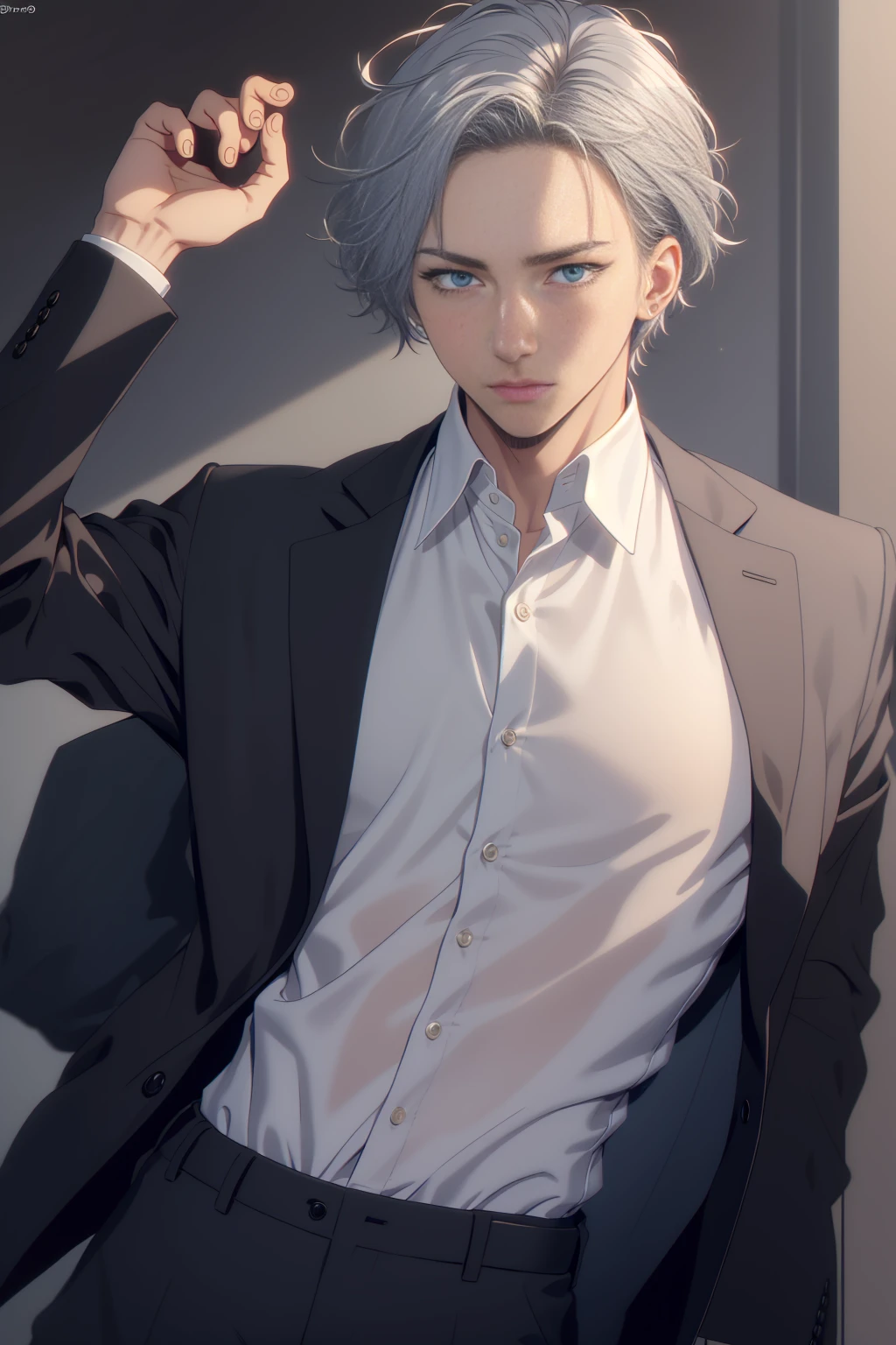 good looking, One young boy, Well-proportioned face, Short, curly silver hair, Blue Eyes, Emotionless face, Androgynous and beautiful face, black suit jacket, The top two buttons of the shirt are open, Long eyelashes, Thick lips,No decoration