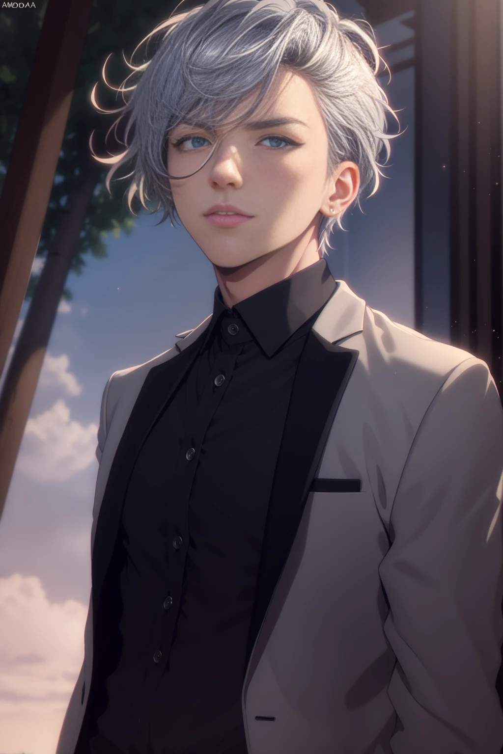 good looking, One young boy, Well-proportioned face, Short, curly silver hair, Blue Eyes, Emotionless face, Androgynous and beautiful face, black suit jacket, The top two buttons of the shirt are open, Long eyelashes, Thick lips,No decoration