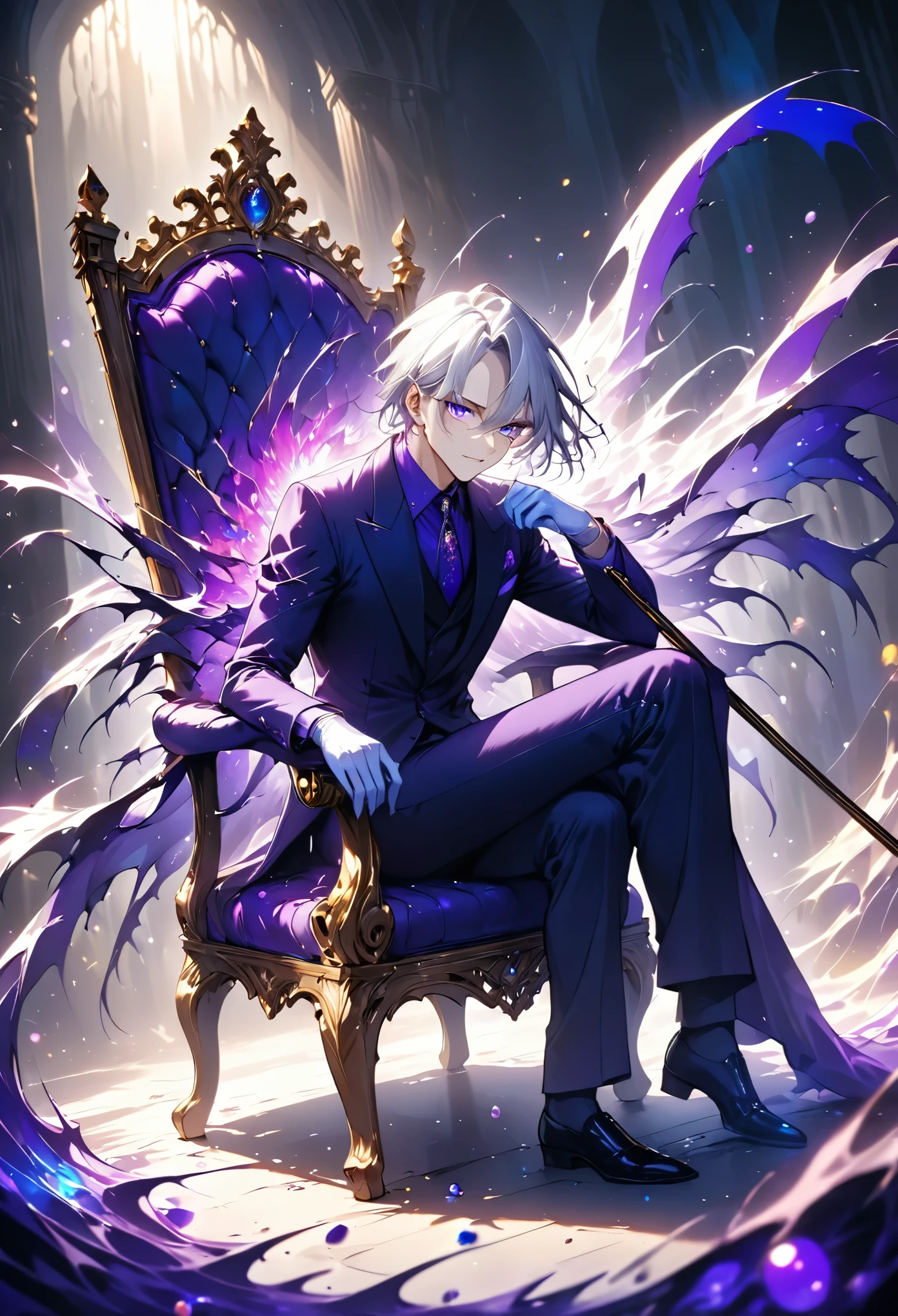 masterpiece, best quality, ultra-vibrant colors, scary,a dynamic and striking illustration of a nobleman seated in an ornate chair, his silver hair glows brightly under the intense blue and violet light, creating a strong, mysterious atmosphere, his violet eyes shine with cold intensity, his dark blue and deep purple suit is richly detailed with golden embroidery, the vibrant colors creating bold contrasts between the bright highlights and deep shadows, his gloved hand holds a slender cane, and his posture exudes control and elegance, the background is filled with vivid blues and purples, glowing pearls and jewels scatter around him, their vibrant colors adding to the mystique of the scene, the bold lighting and intense colors give the entire image a sense of energy and mystery, the blue and purple tones emphasize the cold, regal nature of the nobleman, creating a captivating and enigmatic atmosphere, his confident, intense expression and the vivid colors make the scene feel alive and full of intrigue.