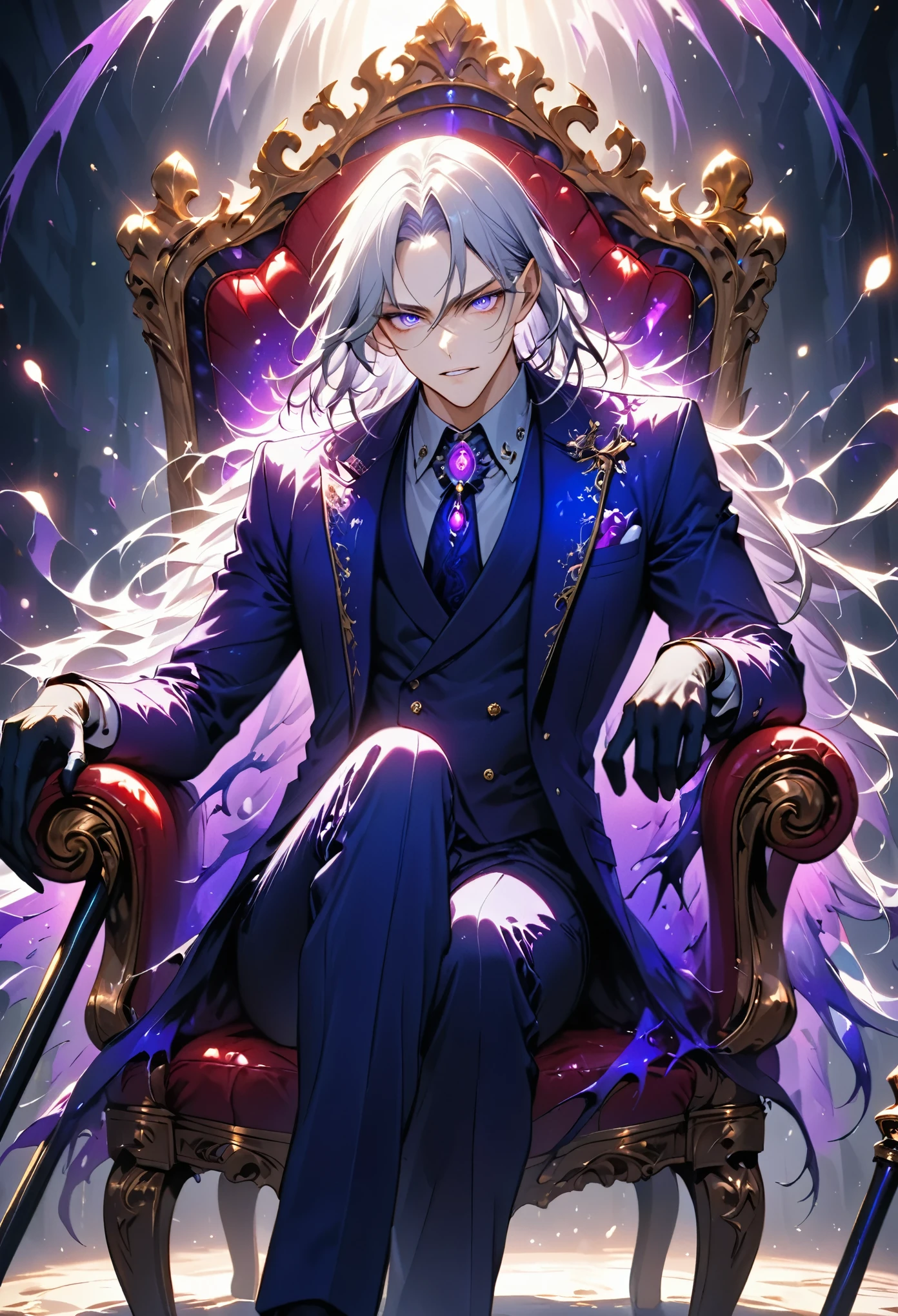 masterpiece, best quality, ultra-vibrant colors, scary,a dynamic and striking illustration of a nobleman seated in an ornate chair, his silver hair glows brightly under the intense blue and violet light, creating a strong, mysterious atmosphere, his violet eyes shine with cold intensity, his dark blue and deep purple suit is richly detailed with golden embroidery, the vibrant colors creating bold contrasts between the bright highlights and deep shadows, his gloved hand holds a slender cane, and his posture exudes control and elegance, the background is filled with vivid blues and purples, glowing pearls and jewels scatter around him, their vibrant colors adding to the mystique of the scene, the bold lighting and intense colors give the entire image a sense of energy and mystery, the blue and purple tones emphasize the cold, regal nature of the nobleman, creating a captivating and enigmatic atmosphere, his confident, intense expression and the vivid colors make the scene feel alive and full of intrigue.