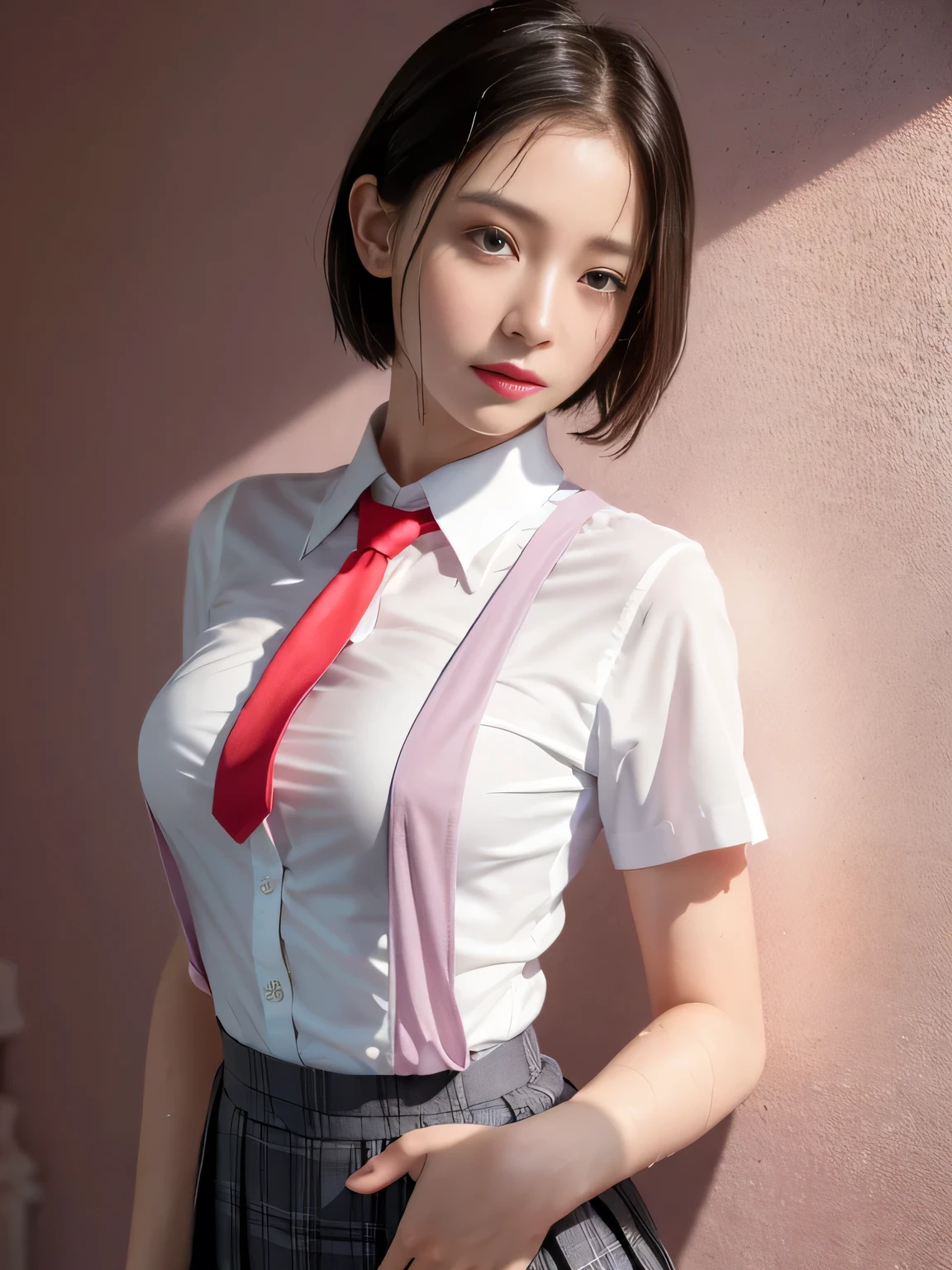 Violet, Gardenias, Rosacea, (masterpiece of the highest quality:1.4), Delicate girl, 、Beautiful short straight bob hair, close, uniform, White dress shirt, Short sleeve, Dark grey pleated check skirt, 8k, 50mm Portrait, RAW Photos, Absurd, Focus on the chest, Small, shapely breasts, Thin arms, Very thin waist, Arch your back, No makeup, I was worried, Sophisticated, Face Light, Bright lighting film grain, Color Difference, (Red tie:1.2), (Wet shirt:1.3),  Bokeh, (Pink wall)、sexy