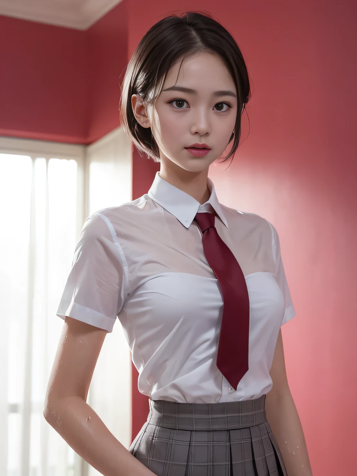 NSFW,4K,((Highest quality)),((masterpiece)),BREAK,((one girl)),(detailed),(in cafe),((One girl)),((perfect anatomy)),nsfw,((nude)),(naked),((12 years old)),((flat chest:1.5)),(stare at viewer with stern eyes:1.5),((one girl)),(bitting own lip:1.1),(angry:0.9),nose blush,(shamefull:1.2),(hime_cut hair),(beautiful hair),surprised, ((beautiful realistic face)),((skinny:1.3)),Beautiful Korean Women, Beautiful young Korean woman, Young and adorable Korean face, Gorgeous Young Korean Woman, Korean Girls, Girl cute beautiful face, Portraits of Korean female idols, Young and pretty Asian face, Cute natural anime face,Asian pretty face,((finely detailed face)),((glistening eyes)),((glistening eyes )),((large eyes)),(( pretty eyes)),((A bow tie)),(detailed),Perfect Face,((One girl)), ((clear eyes)),((show nipples)),((beautiful skin)),don't wear anything ,(upper body),(Equal left and right eyes), (nsfw:1.5),(show nipples),(don't wear anything),(nipples facing upwards), correct arm, (frilled panties),((school uniform, short sleeve )),(school skirt)