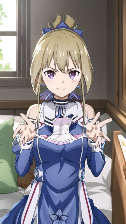 1girl, solo, blonde hair,very long hair,purple eyes, ponytail,hair between eyes,
BREAK ribbon, bare shoulders, blue dress, blue sleeves, Magic Girl,
BREAK indoor,
BREAK standing, (ayatori, holding white panties:1.3), pov,
BREAK smile,
BREAK (illustration:1.2),
BREAK (masterpiece, best quality, ultra detailed, professional quality:1.3), HD, rich contrast