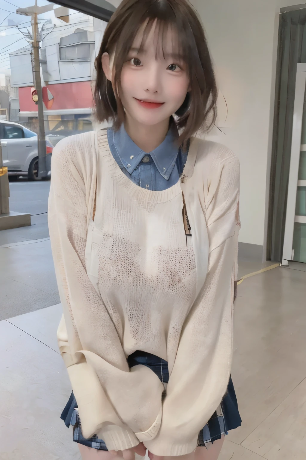 the Extremely Detailed CG Unity 8K Wallpapers、top-quality、ultra-detailliert、​masterpiece、realisitic、Photo Real、Very detailed cute lady、20yr old、School uniform、((skirt lift by yourself)))、(Lifted by yourself)、sexy panties、panties focus、red blush、cparted lips、looking at the viewers、Semi-body shot、(Large crowds)、(Crowded museums)、Short bob cut、Point your body at the camera